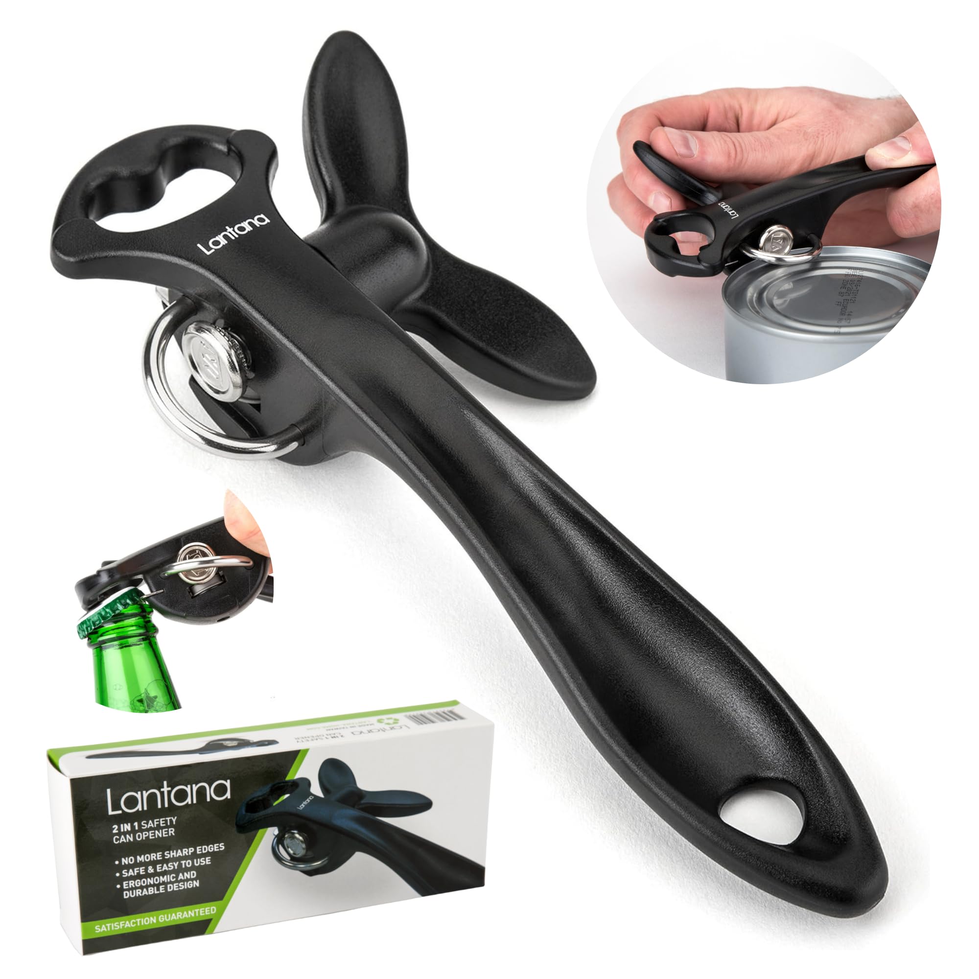 Lantana 2 in 1 Safety Manual can Opener (Smooth Edge) & Bottle Opener - BlackStainless Steel