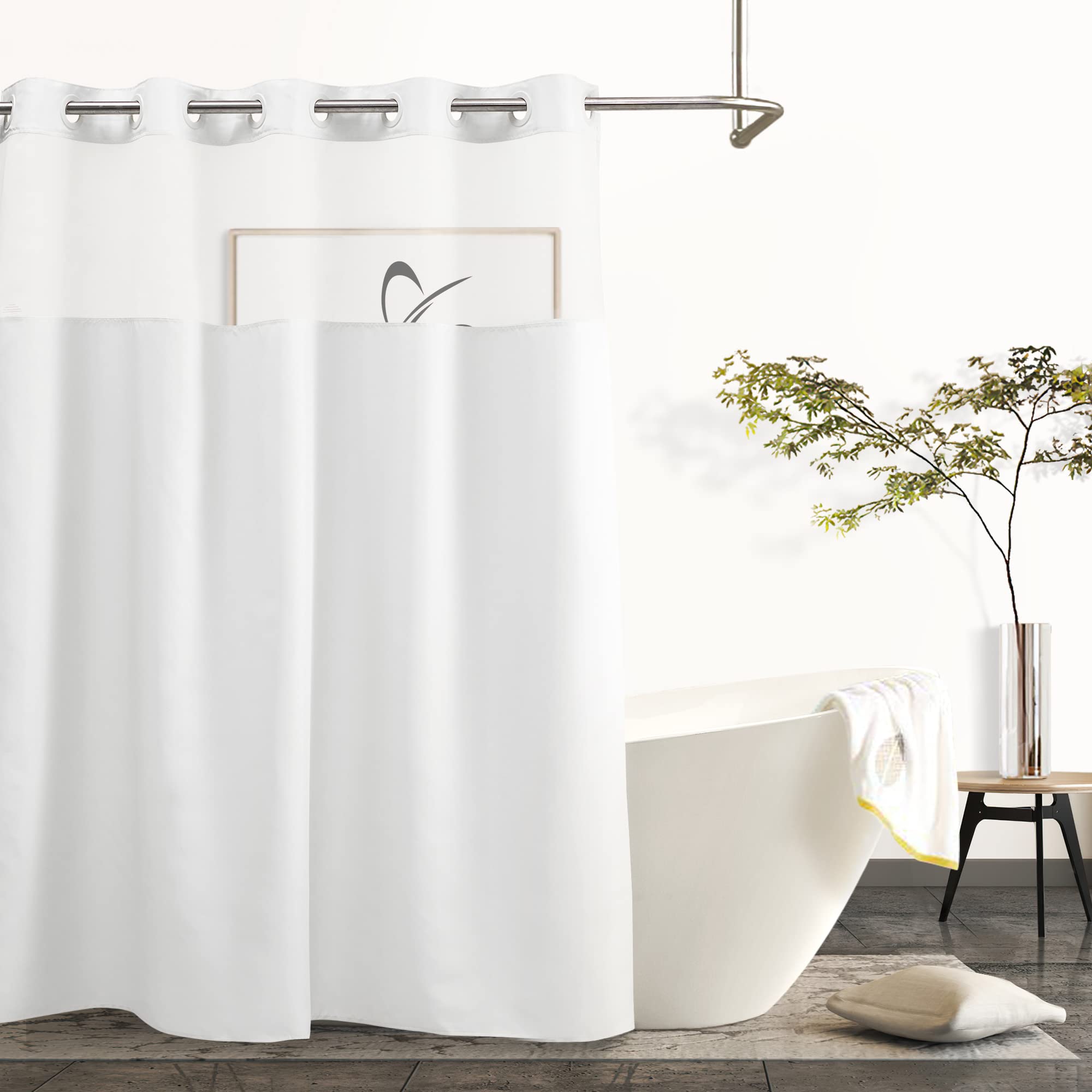 Modern Hotel Grade No Hooks Needed Shower Curtain With Snap In Liner White Standard-71 X 74''