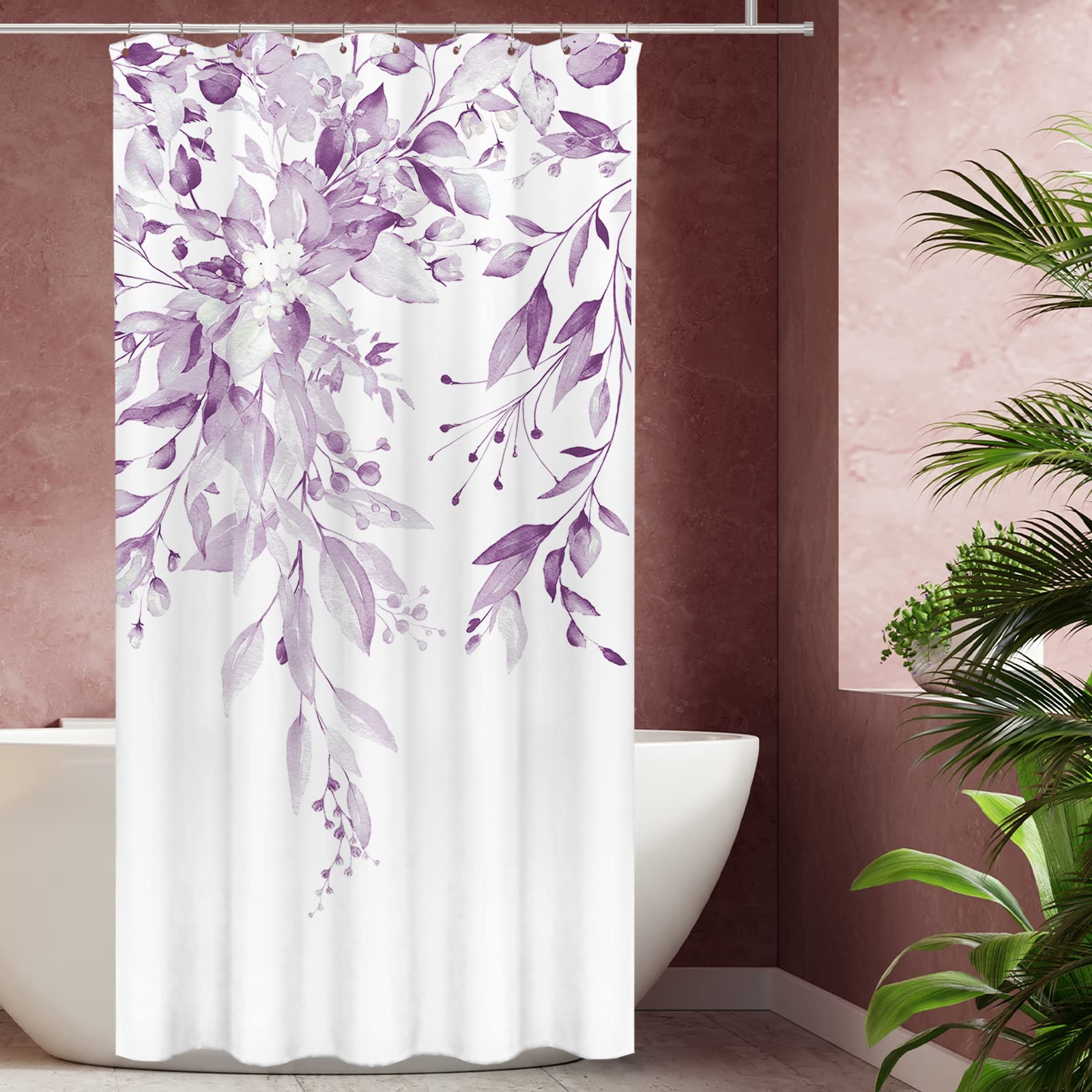 Tititex Lilac Light Purple Eucalyptus Shower Curtain Sets, Watercolor Leaves On The Top Plant With Floral Bathroom Decoration 36