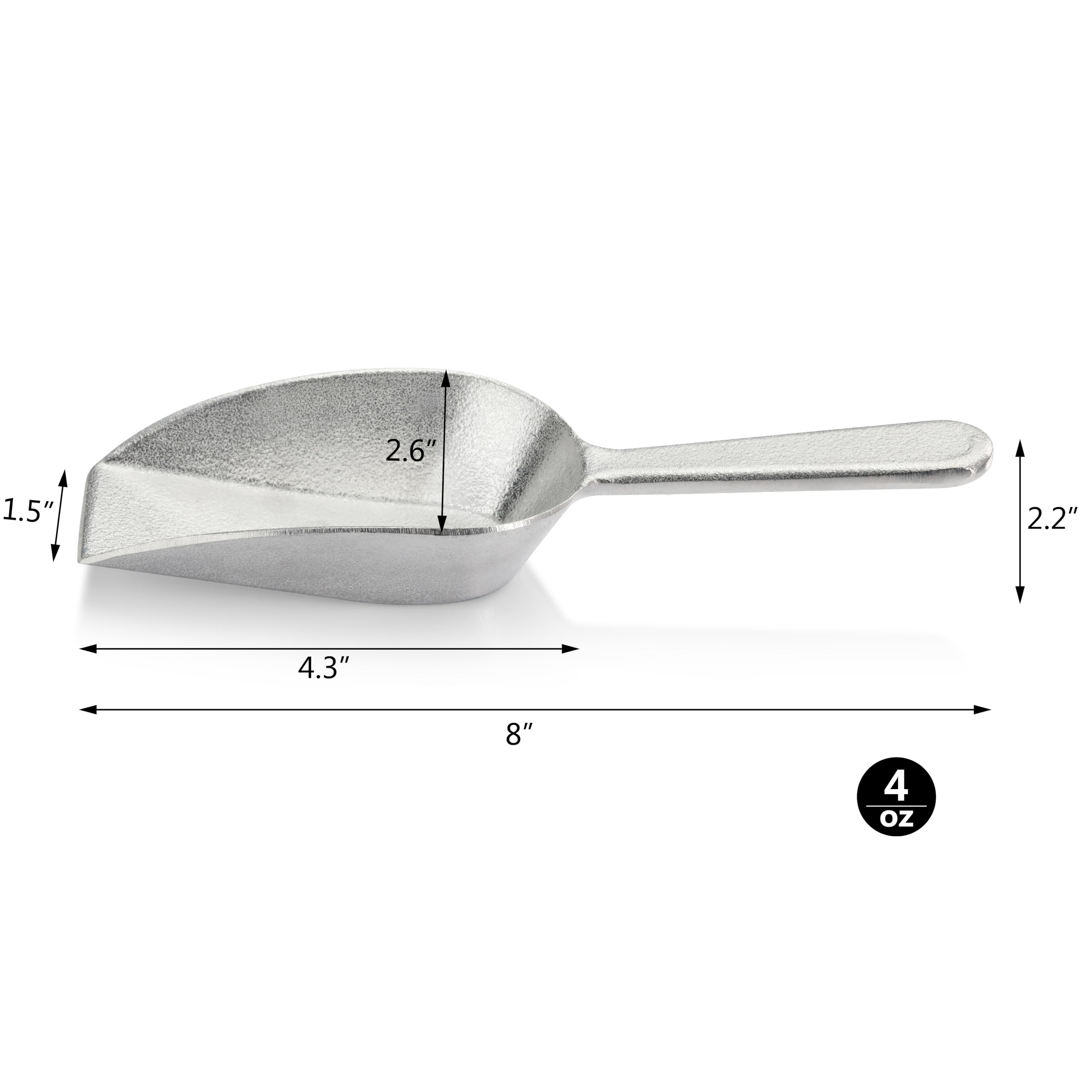 New Star Foodservice 34660 One-Piece Cast Aluminum Flat Bottom Bar Ice Flour Utility Scoop, 4-Ounce, Silver