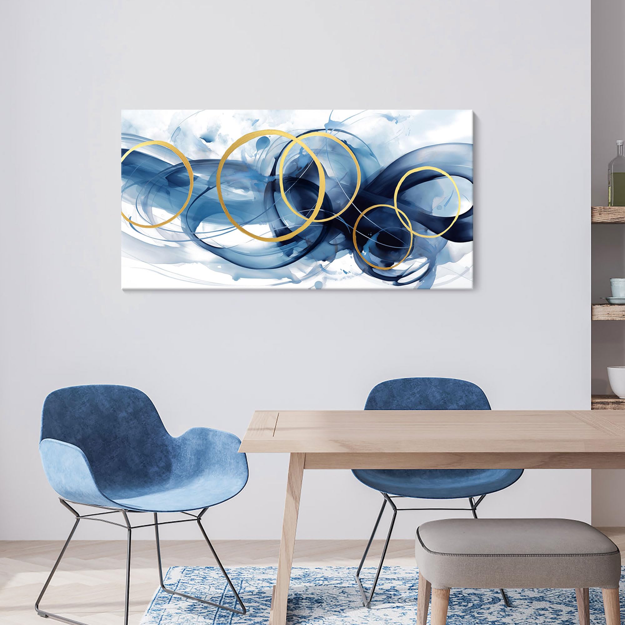 Hkdgoka Wall Art Living Room - Large Abstract Gold Blue Gradient Paintings Wall Canvas Artwork Modern Office Bedroom Pictures Fo