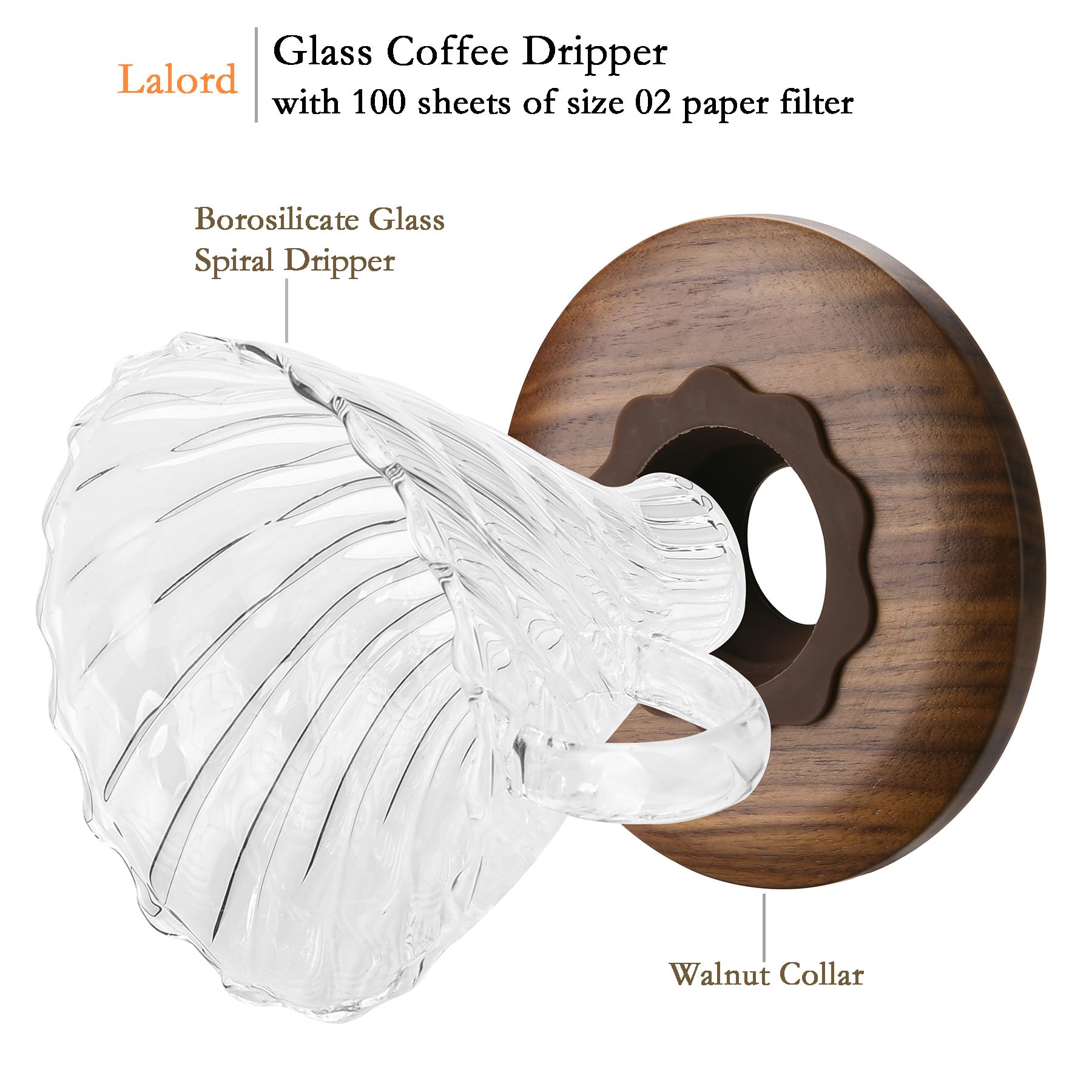 Lalord Pour Over Coffee Dripper With 100 Pcs Of Size 02 Paper Filter, Borosilicate Glass & Walnut Collar, Drip Coffee Maker, 1-3