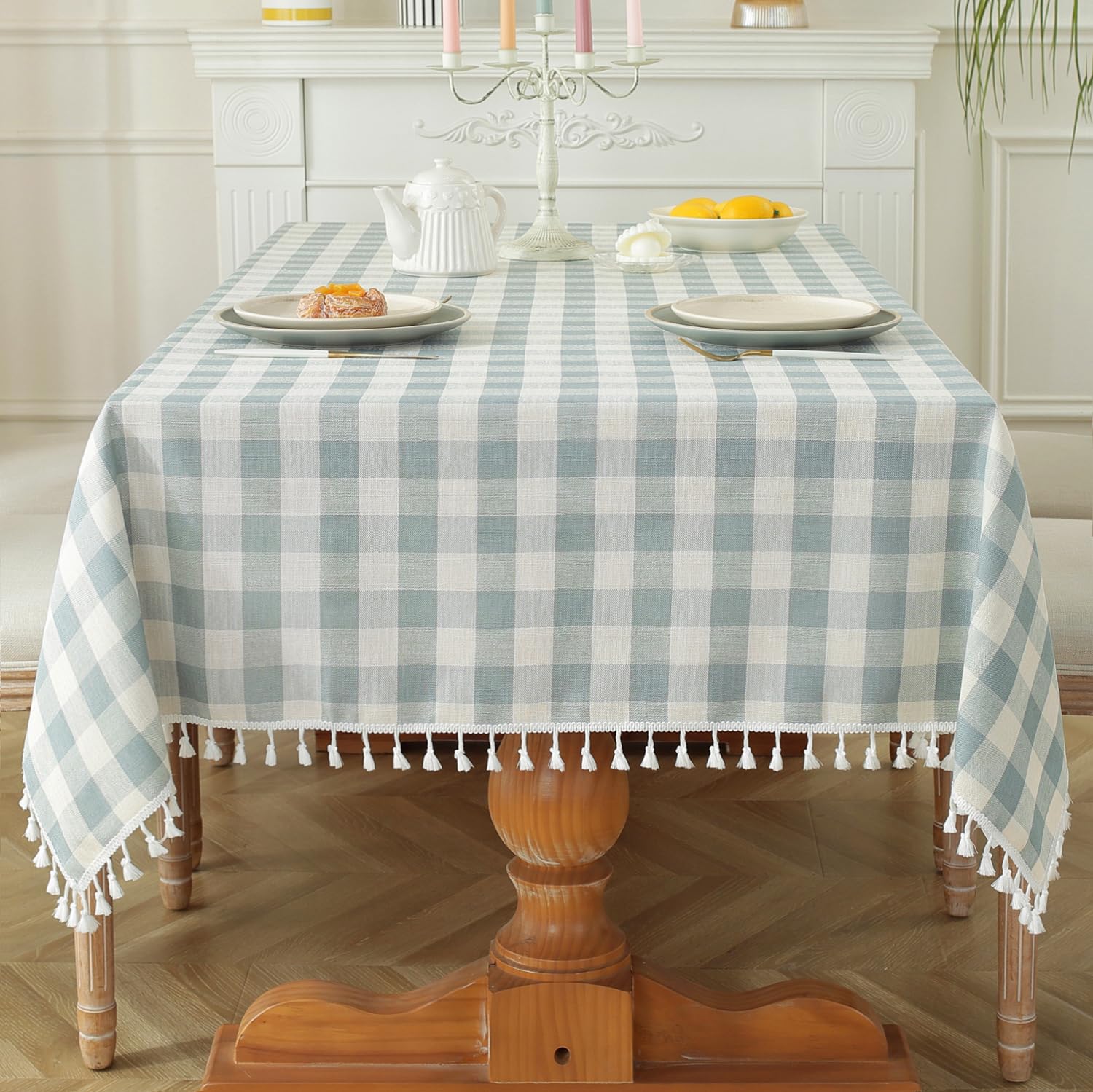 Laolitou Checkered Tablecloth Square Washable Heavy Duty Buffalo Plaid Table Cloth with Tassel Cotton Linen Gingham Table Cover 