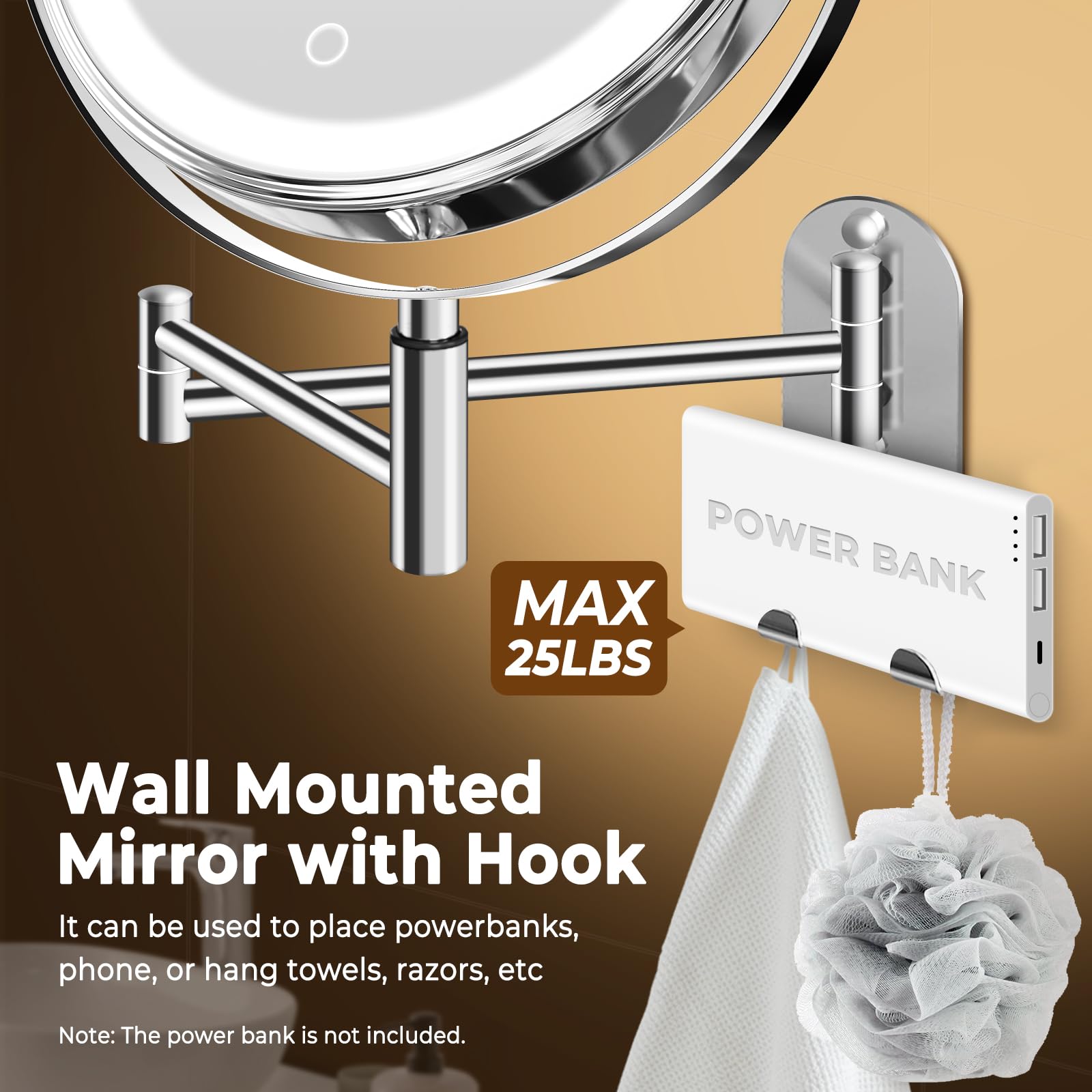 Conlwin 9'' Wall Mounted Lighted Makeup Mirror, 3000Mah Rechargeable Double Sided 1X/10X Magnifying Mirror With Hook,3 Color Lig