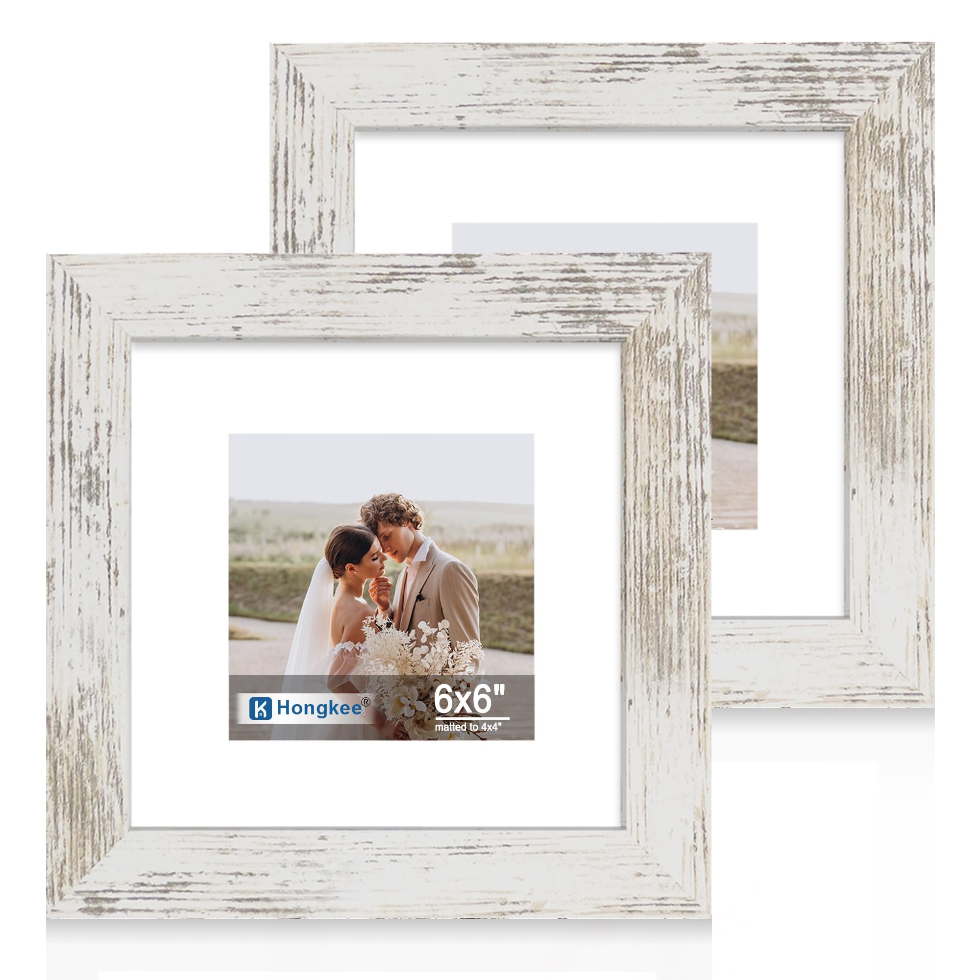 Hongkee 6x6 Picture Frame Set of 2, Made of Real Glass and Distressed White Wooden Frame - Display Square 4x4 with Mat or 6x6 Wi