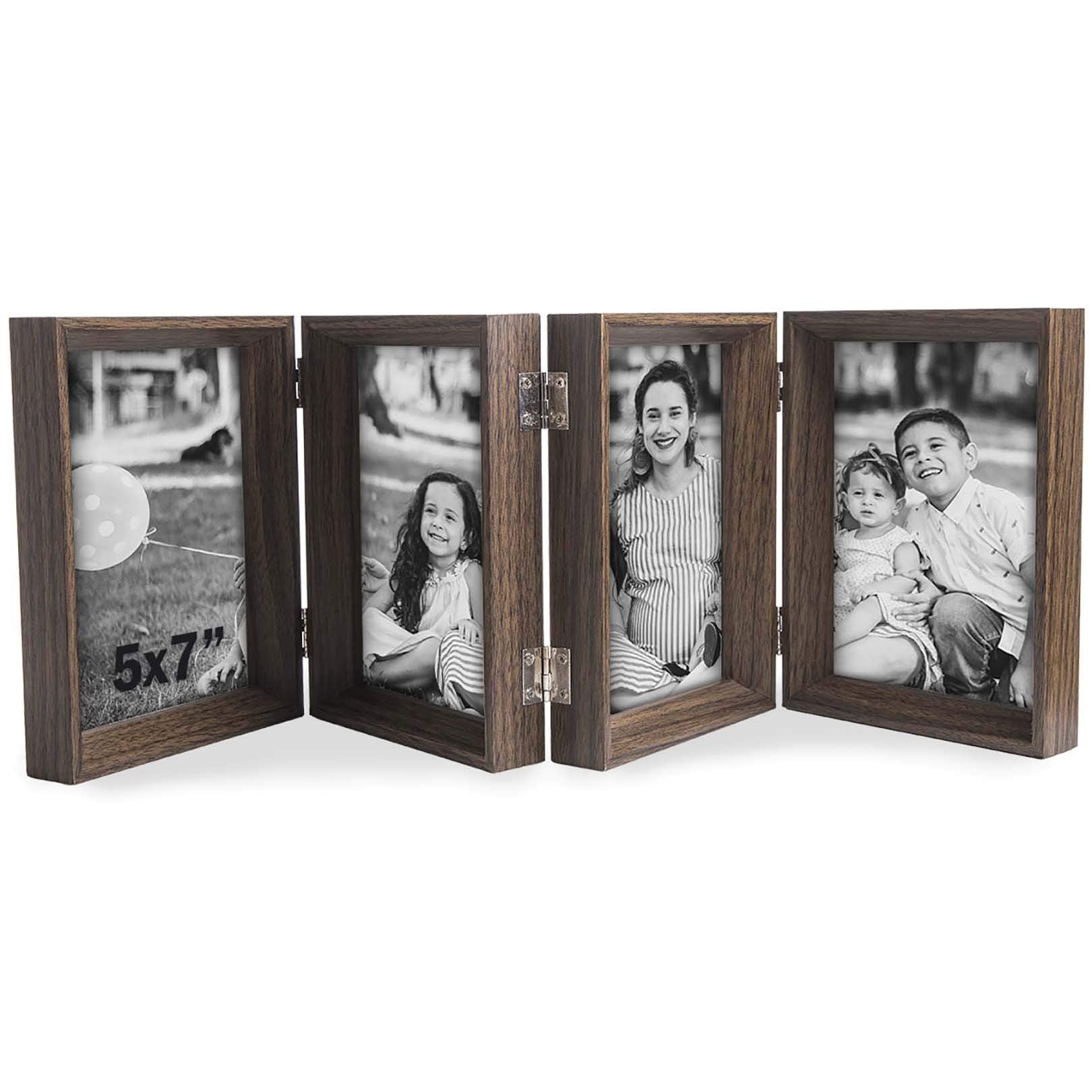 5x7 Hinged Picture Frames Beveled Wood Brown with Real Glass 4 Vertical Opening Family Lover Gift