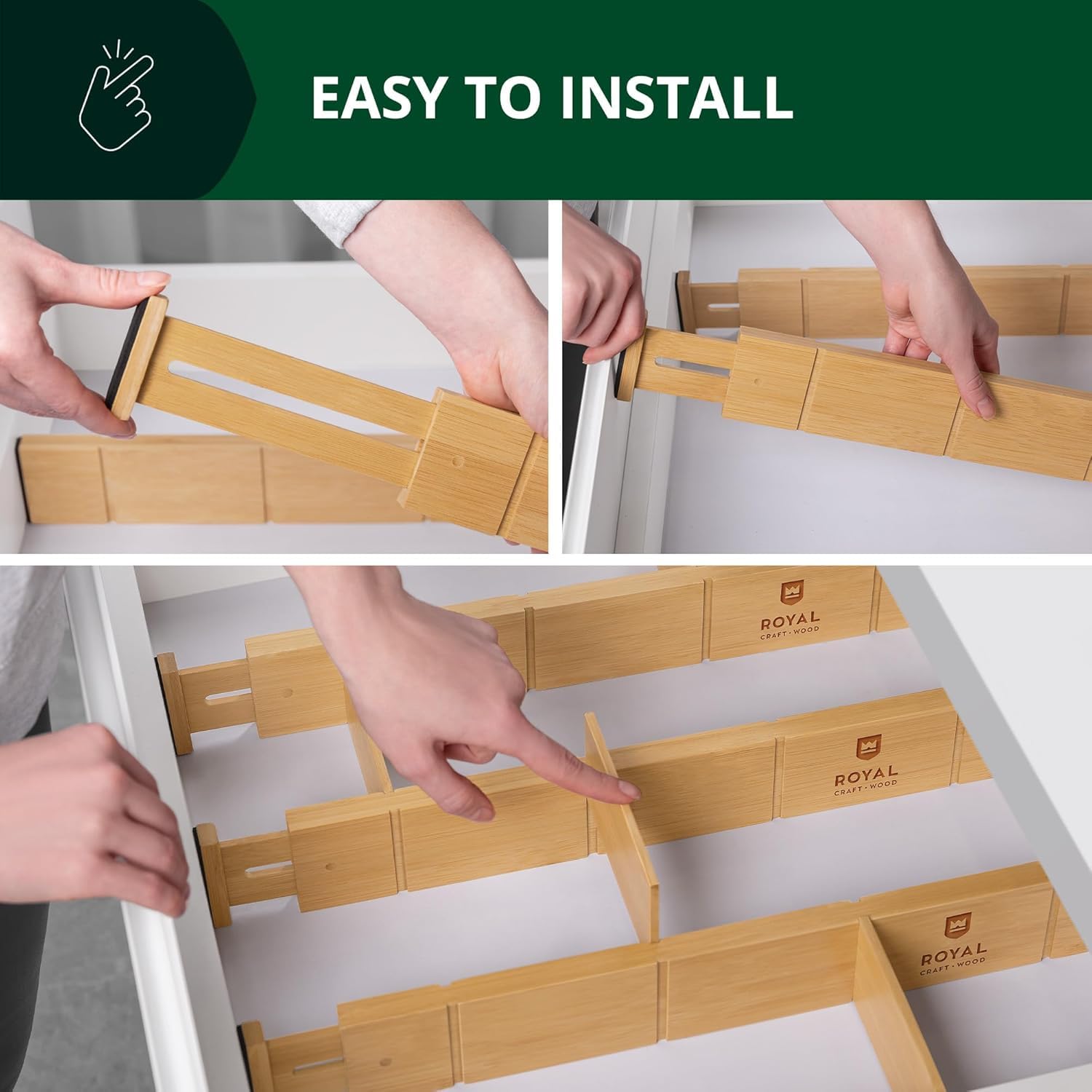 ROYAL CRAFT WOOD Adjustable Bamboo Drawer Dividers Organizers (17'' - 21.5'') with Inserts - Expandable Drawer Organization Sepa