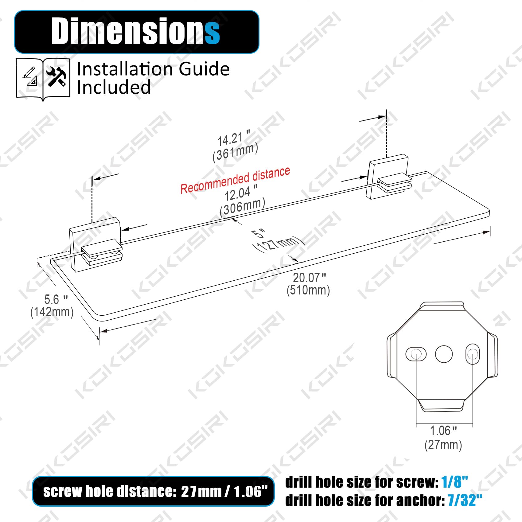 Kokosiri Wall Shelves Floating Bathroom Glass Shelf For Kitchen Storage, 20'' X 5.6'' Tempered Glass Wall Mounted Brushed Stainl