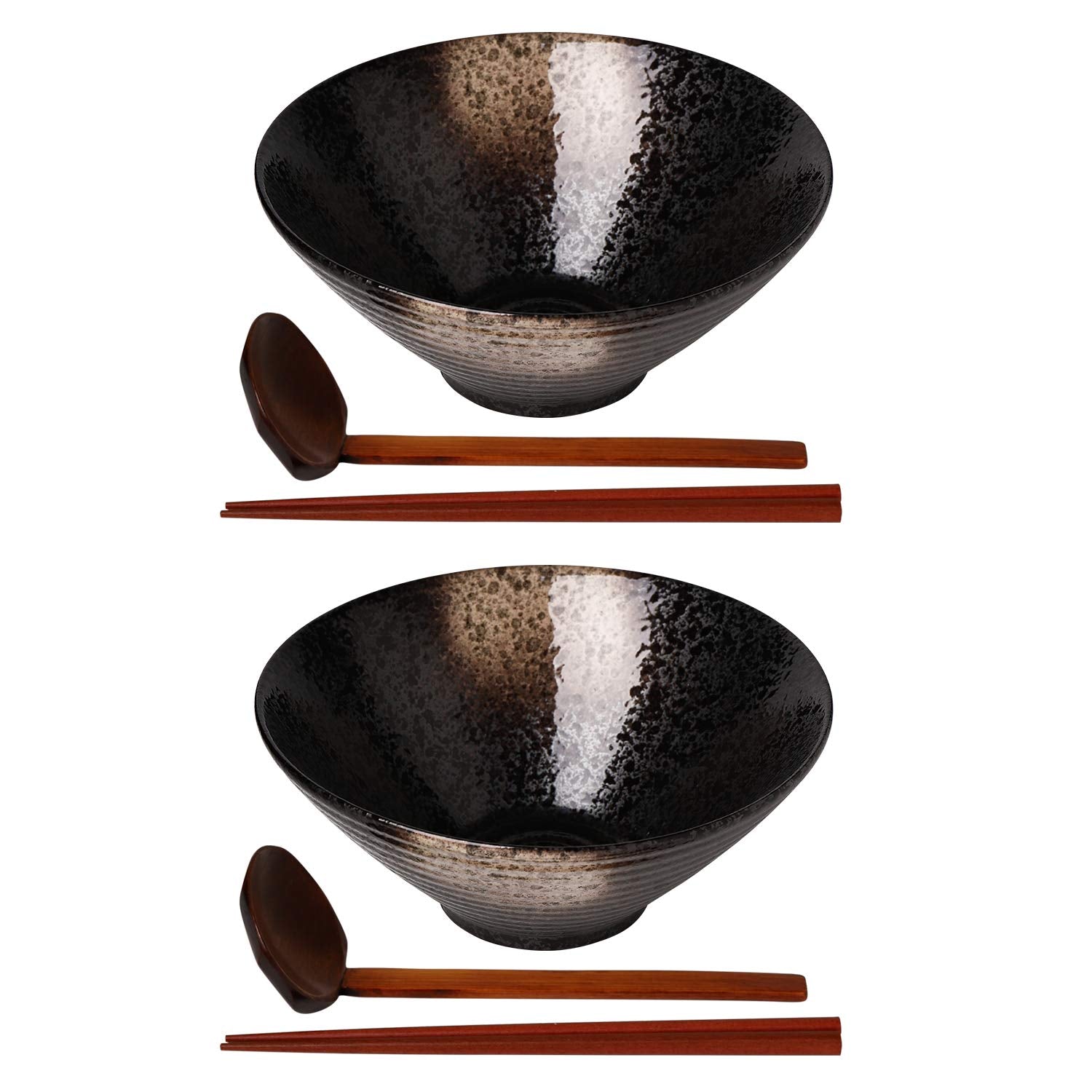 Kanwone Ceramic Japanese Ramen Bowl Set, Noodle Soup Bowls - 37 Ounce, With Matching Spoons And Chopsticks For Udon Soba Pho Asi