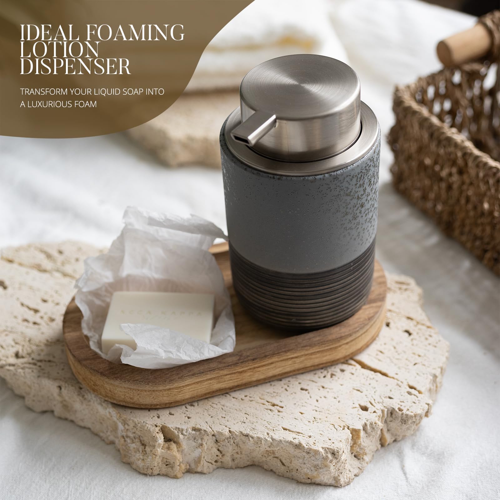 Empo Ceramic Embossed Press Foam Hand Soap Dispenser - 300Ml Large Capacity Facial Cleansing Bottle And Liquid Soap Dispenser Fo