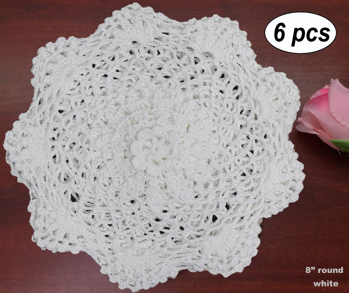 Creative Linens 6Pcs 8'' Round Crochet Lace Doily White 100% Cotton Handmade, Set Of 6 Pieces