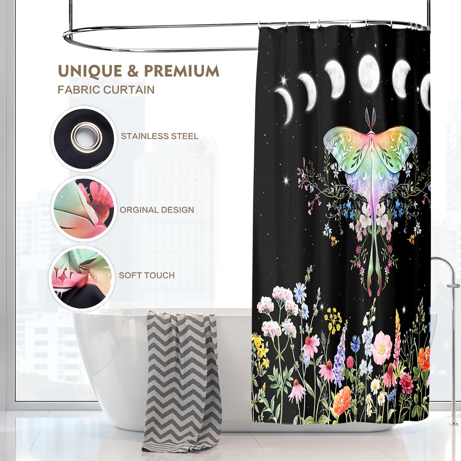 Lokigo Black Shower Curtain, Butterfly Moth Blossom Floral Shower Curtain 72Wx72H Vintage Gothic Moon Star Flowers Shower Curtai