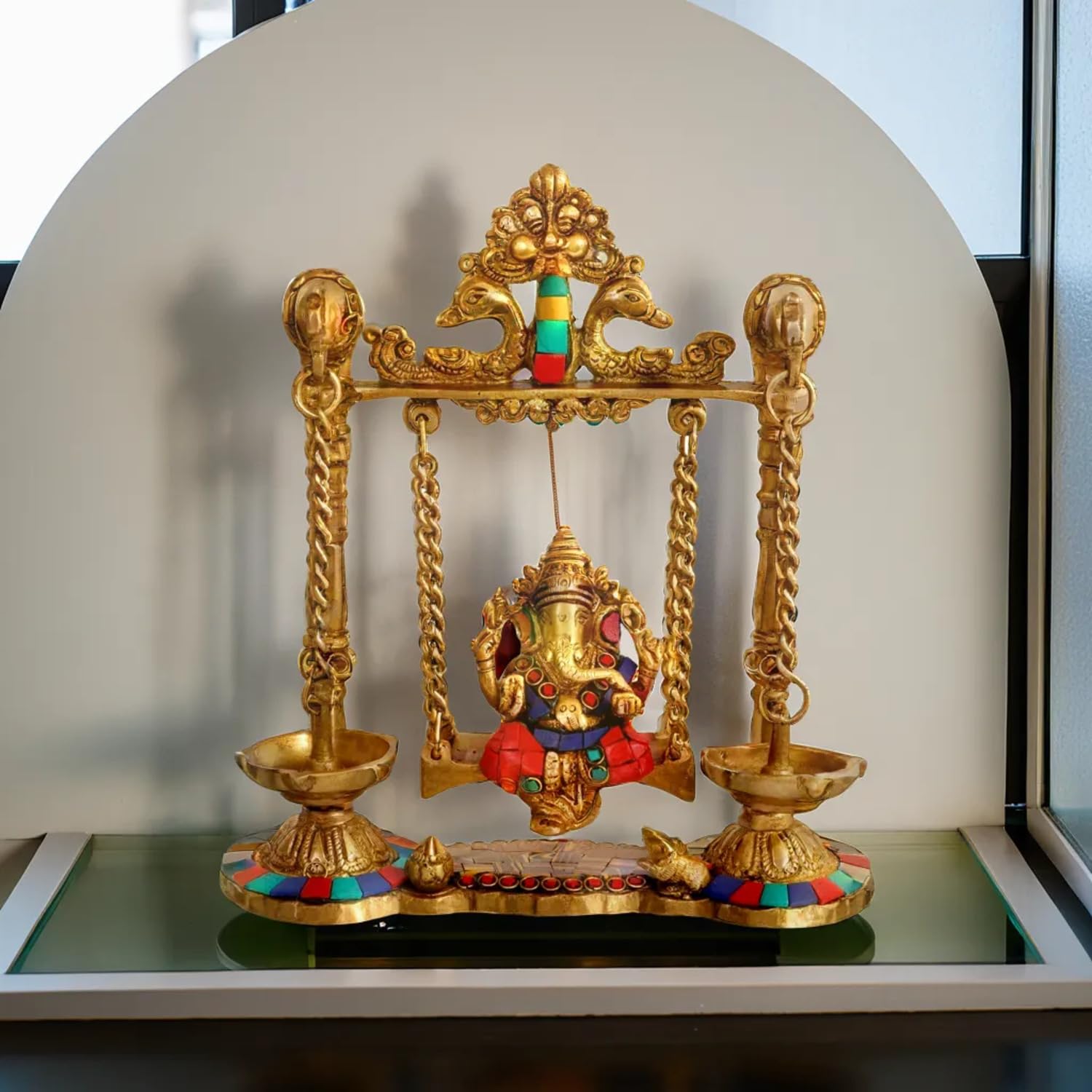 Kartique Brass Ganesh Bhagwan Jhula With Two Diyas Ganesha Idol Swing Ganpati Bappa Jhoola Murti For Home House Warming Mandir O