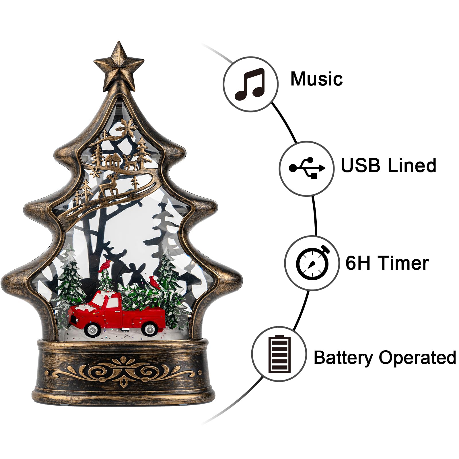 Christmas Snow Globe Lantern Water Glittering Christmas Tree with Red Truck, USB Lined/Battery Operated Lighted Lantern for Chri