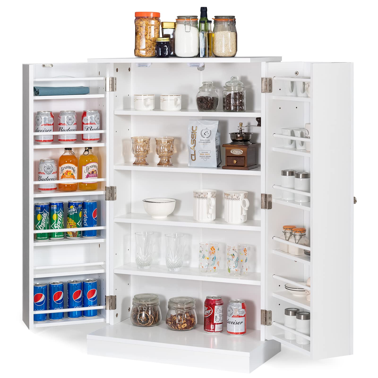 CLEEMAN 17-Tier Kitchen Pantry Cabinet, 2-Door Sideboard Cabinet with 6 Adjustable Shelves, Guardrails & Anti-toppling Kit, Food