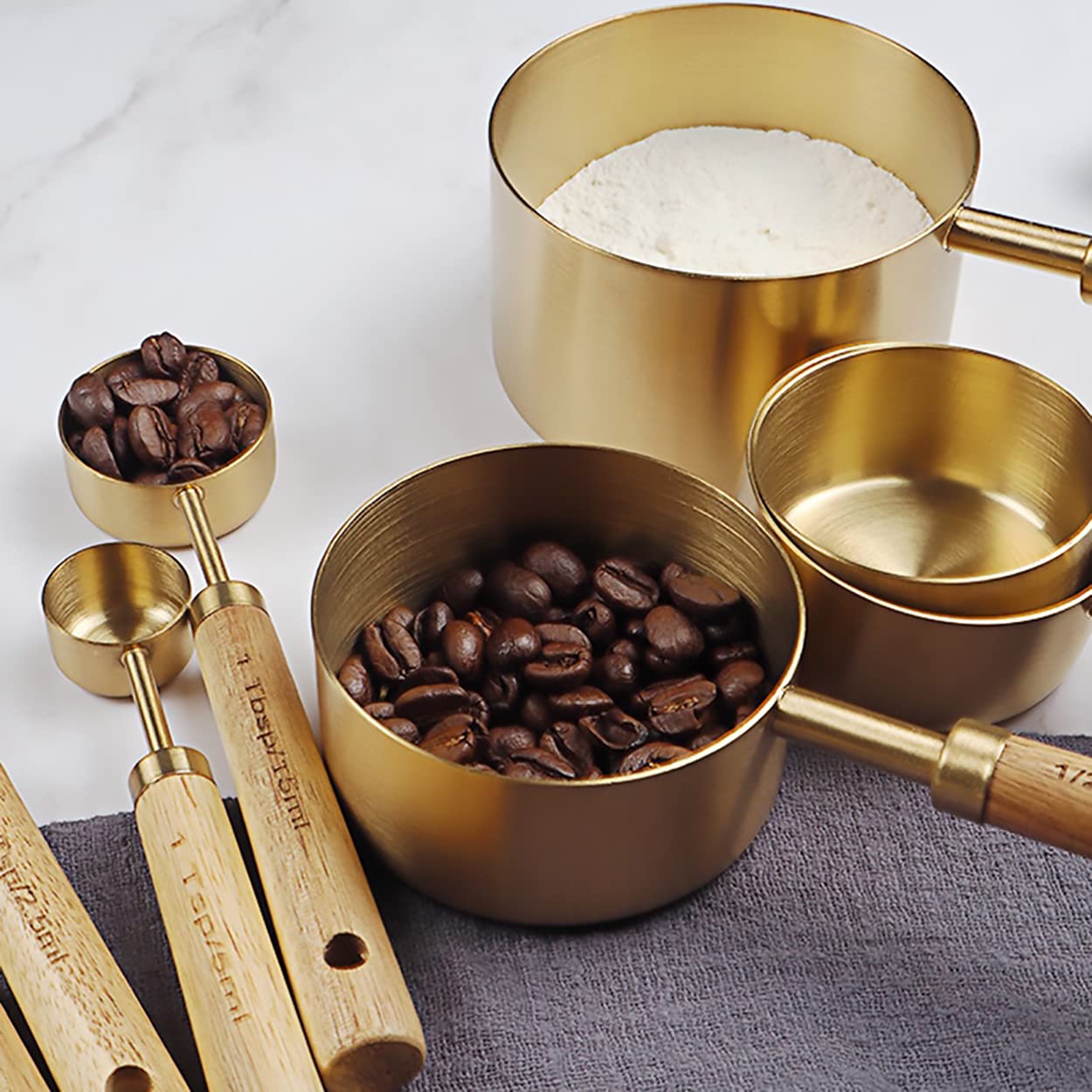 Dadamong Measuring Cups And Spoons Set Of 8, Stainless Steel Gold Measuring Cups Kit With Wooden Handle, Kitchen Cooking Baking