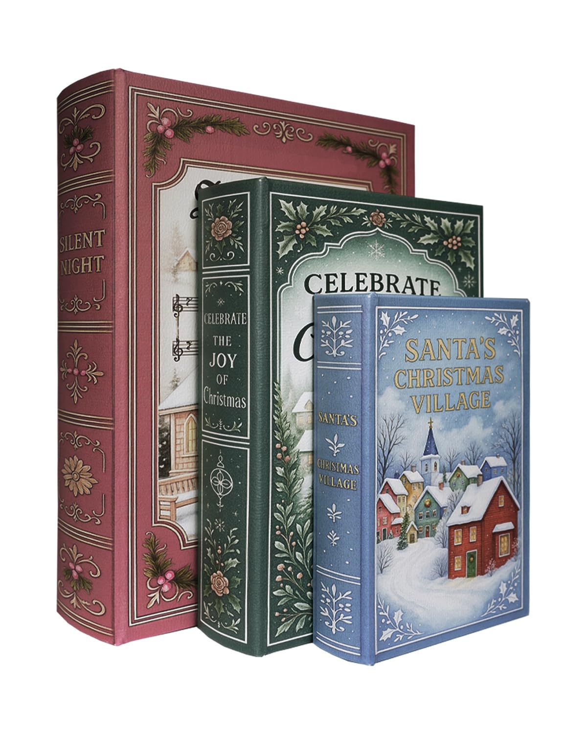 XIAOAIKA Christmas Decorative Wooden Book Box Set of 3 - Vintage Faux Book Boxes with Leather Cover, Secret Storage with Magneti