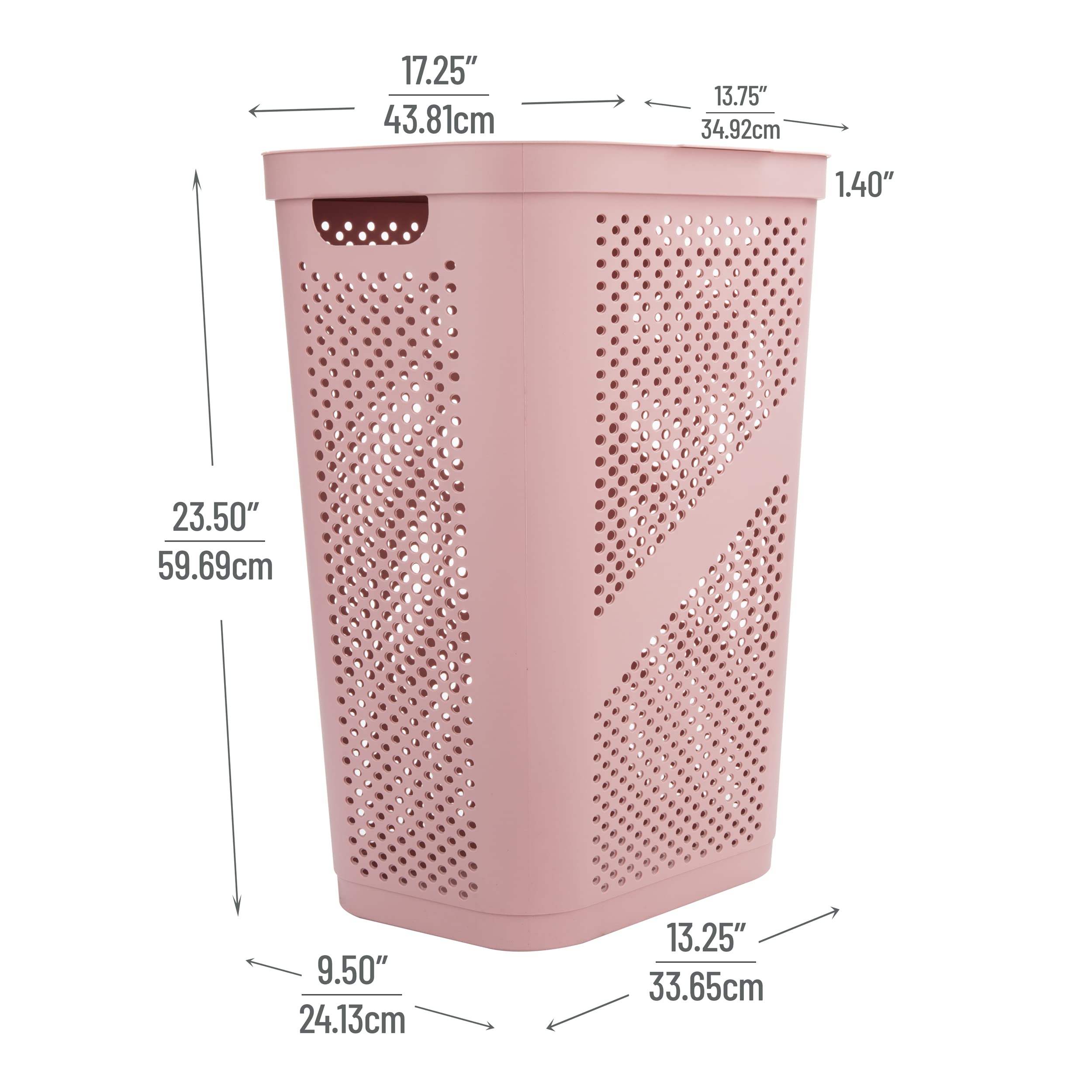 Mind Reader 60L Slim Laundry Hamper, Clothes Basket, Lid, Ventilated, Plastic, 17.25''L X 13.75''W X 23.5''H, Pink