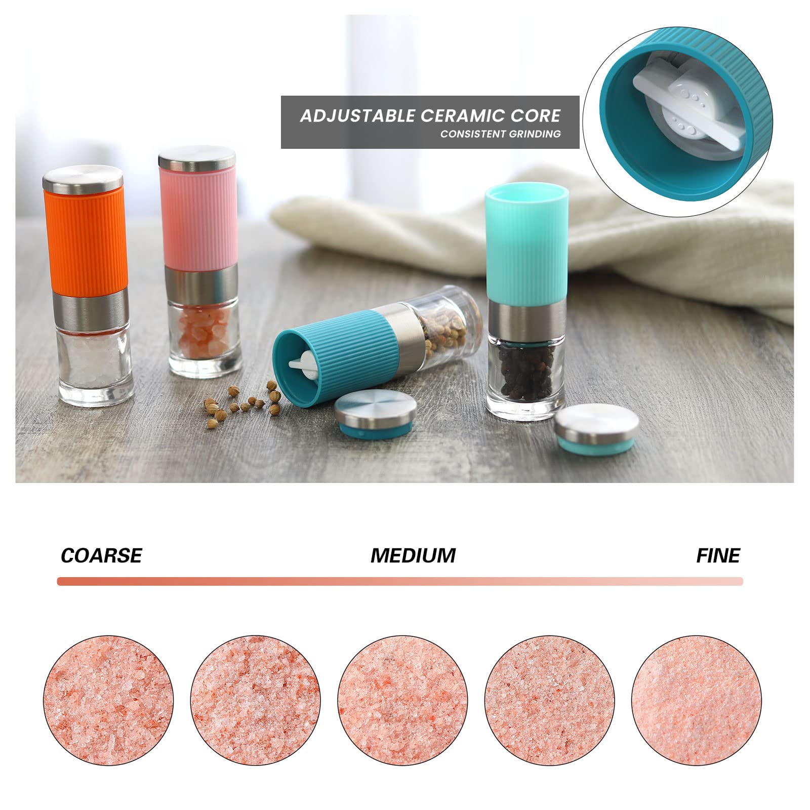 Vevok Chef Small Salt And Pepper Grinder 4Pcs Portable Mini Glass Salt Spices Grinder Ceramic Salt Black Pepper Shakers Tiny Pep