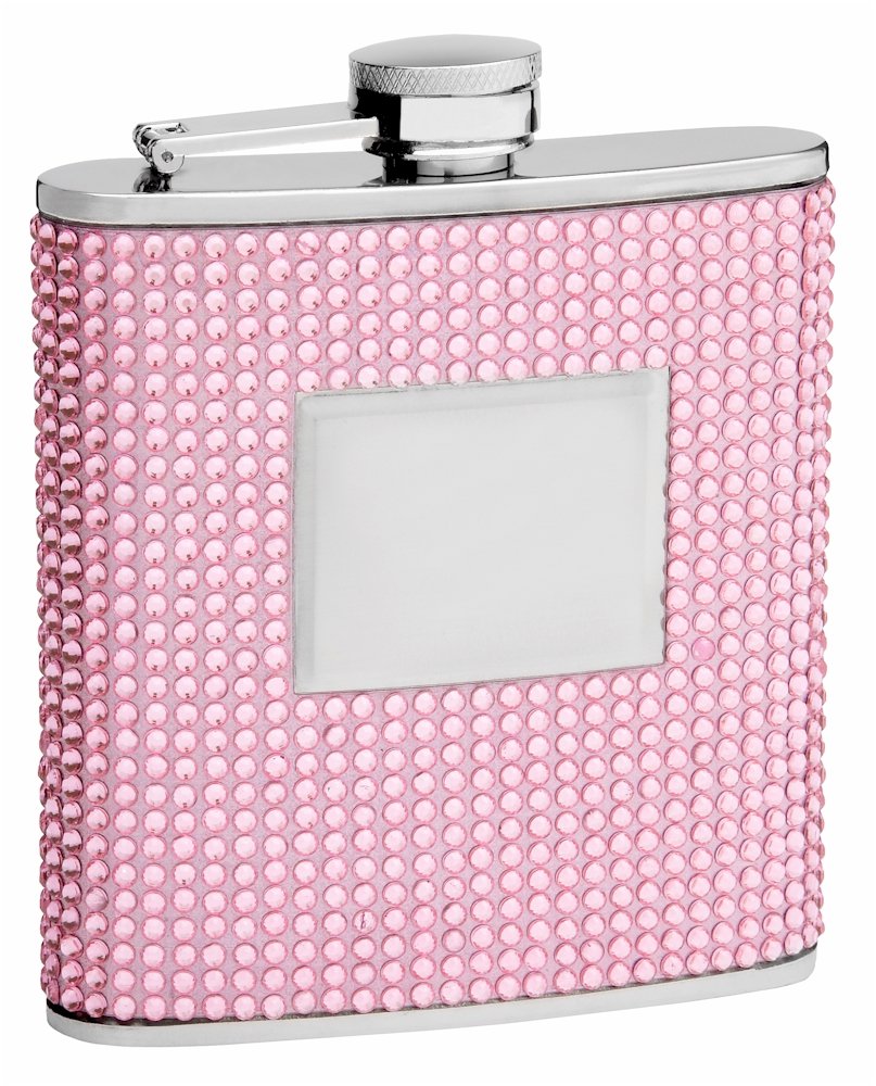 Hip Flask Holding 6 Oz - Beaded Rhinestone Design - Pocket Size Stainless Steel Rustproof Screw-On Cap