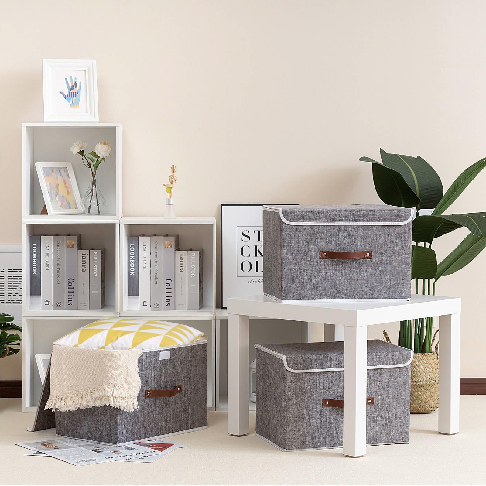 Yawinhe 25 Quart Storage Bin Cube Organizer Basket, Fabric Storage Box With Lids, Washable And Leather Handle For Home, Closet S