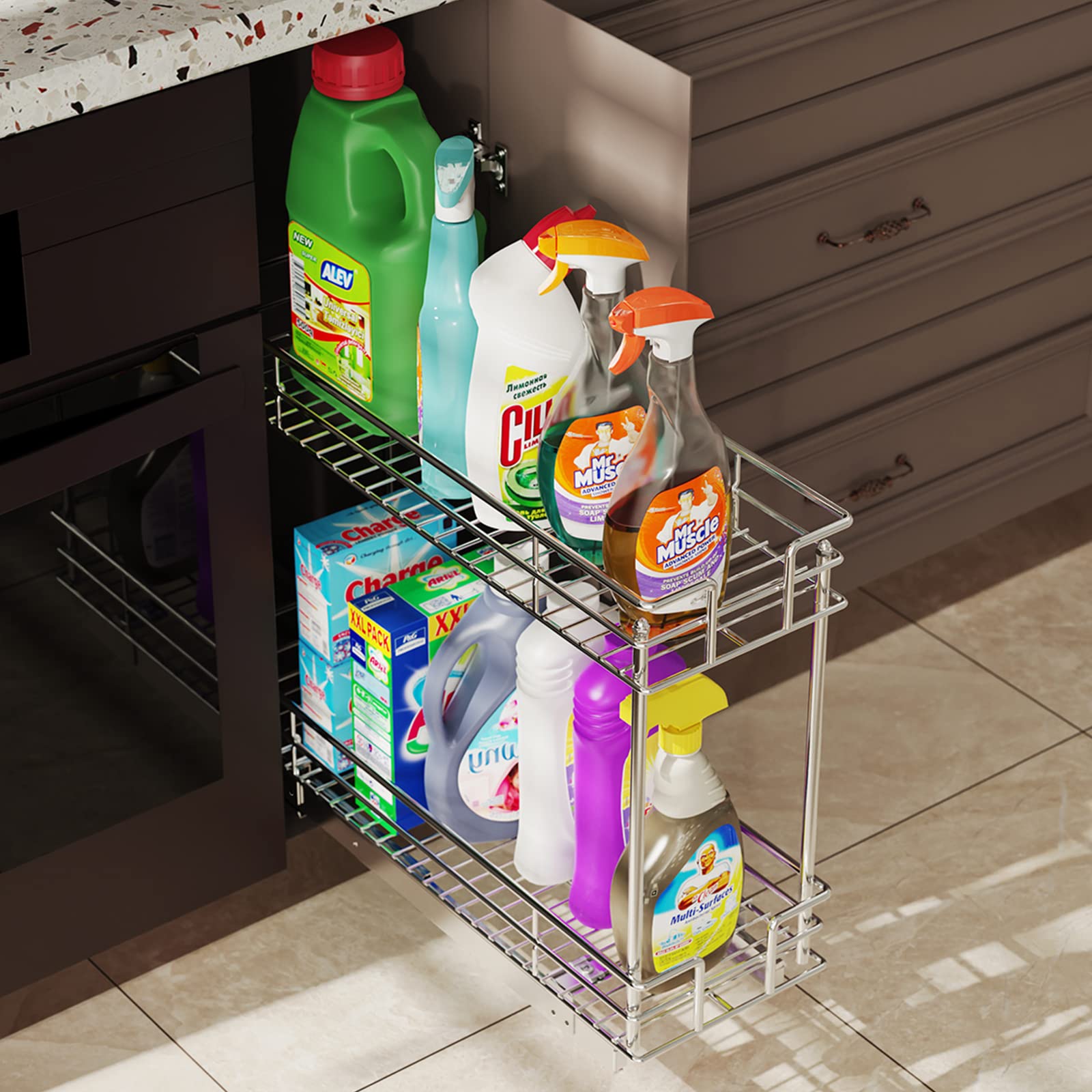Lovmor Pull Out Cabinet Organizer And Storage (7'' W X 21'' D) 2-Tier Pull Out Shelf Storage For Kitchen Base Cabinet Silver (7'