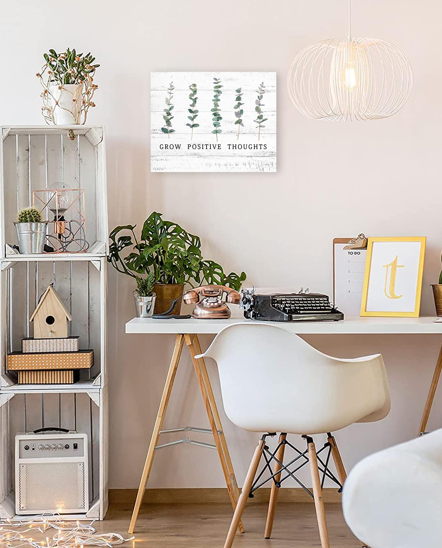 Grow Positive Thoughts Wall Art: Positive Quotes Inspirational Wall Sign For Office Women Kids Motivational Boho Eucalyptus Home