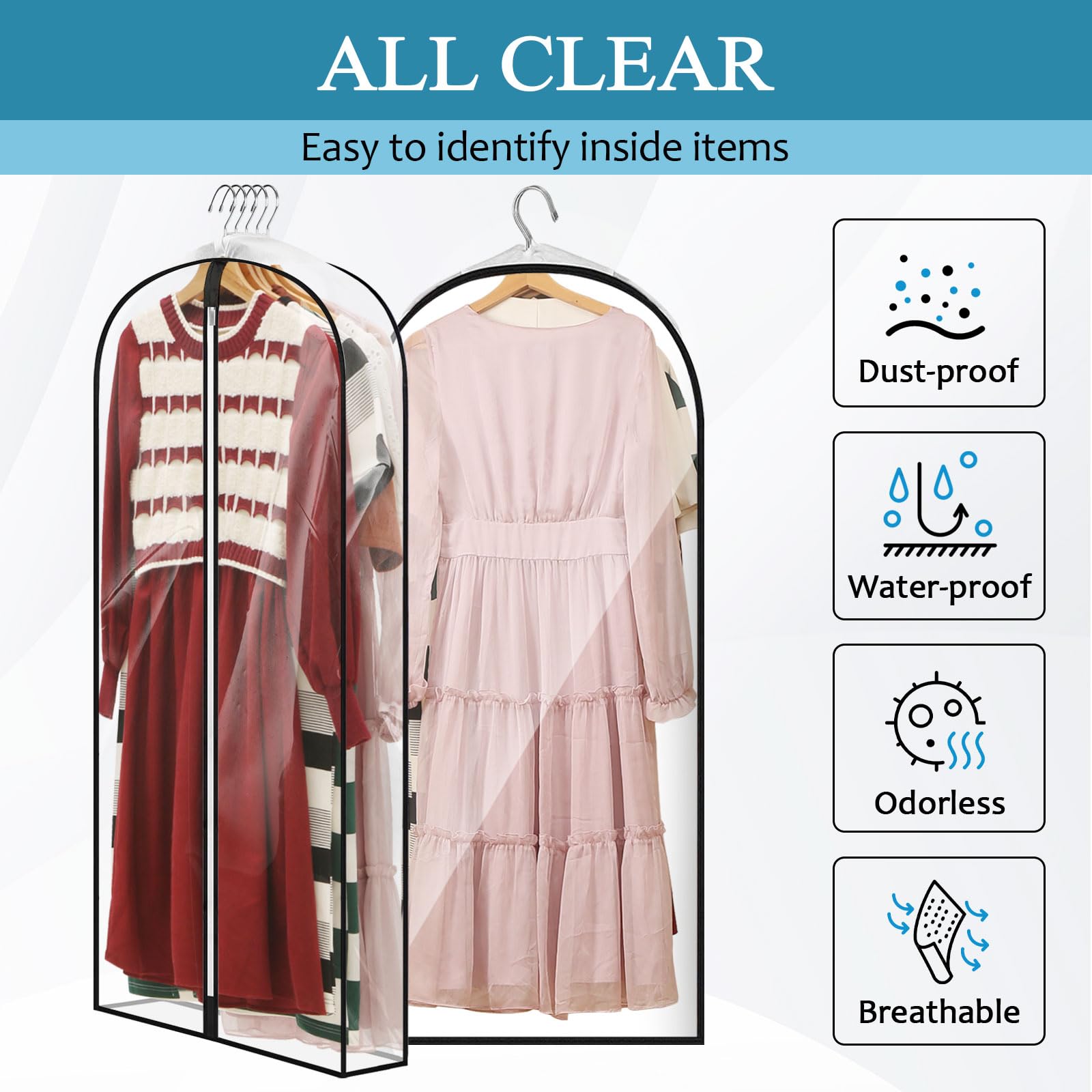 Perber 50'' All Clear Garment Bags For Hanging Clothes, 4'' Gusseted Suit Bags For Closet Storage, Plastic Garment Covers With Z