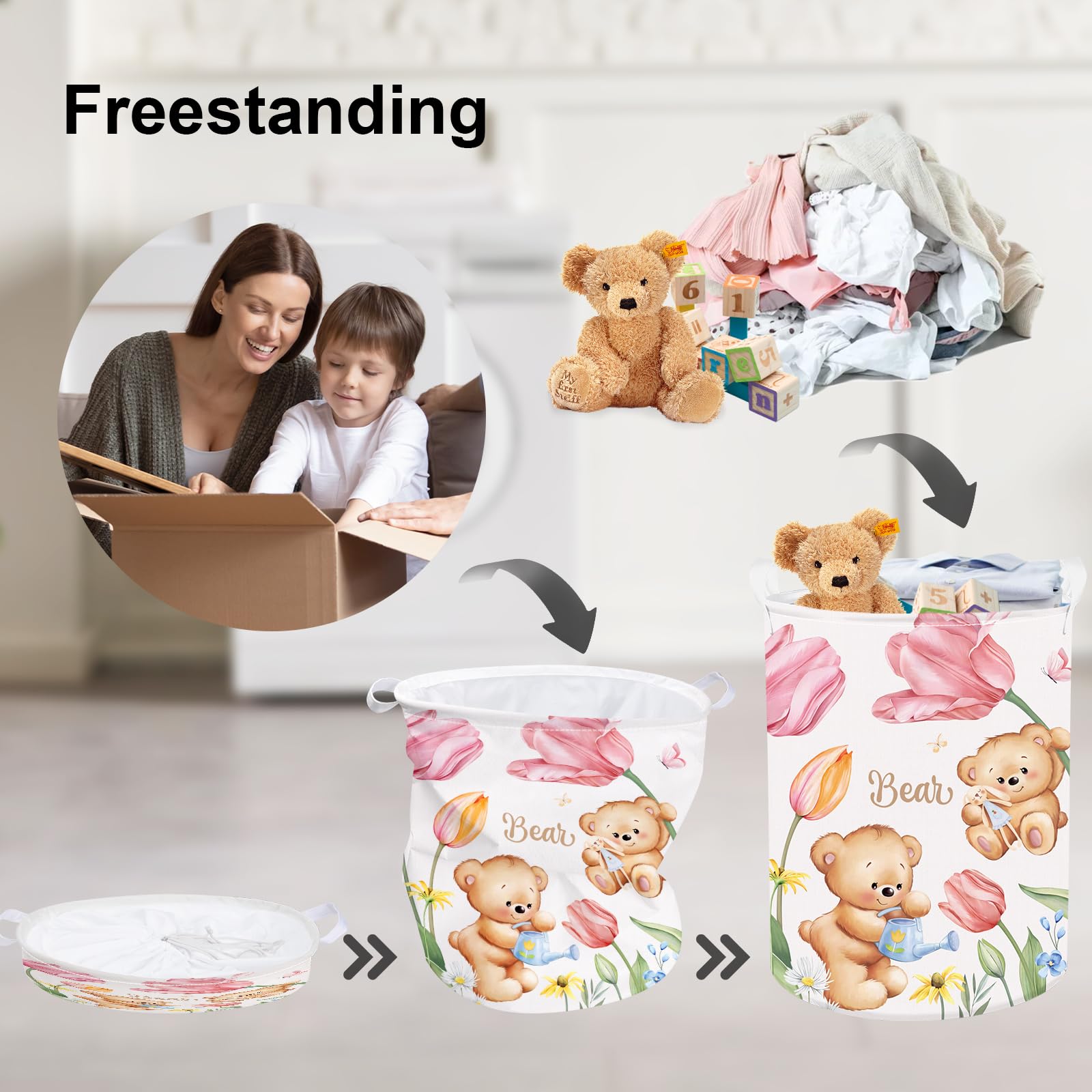 Clastyle Large Pink Tulip Bear Baby Gift Basket Kid Clothes Toy Book Nursery Storage Bin Girl Bedroom Butterfly Flower Laundry H
