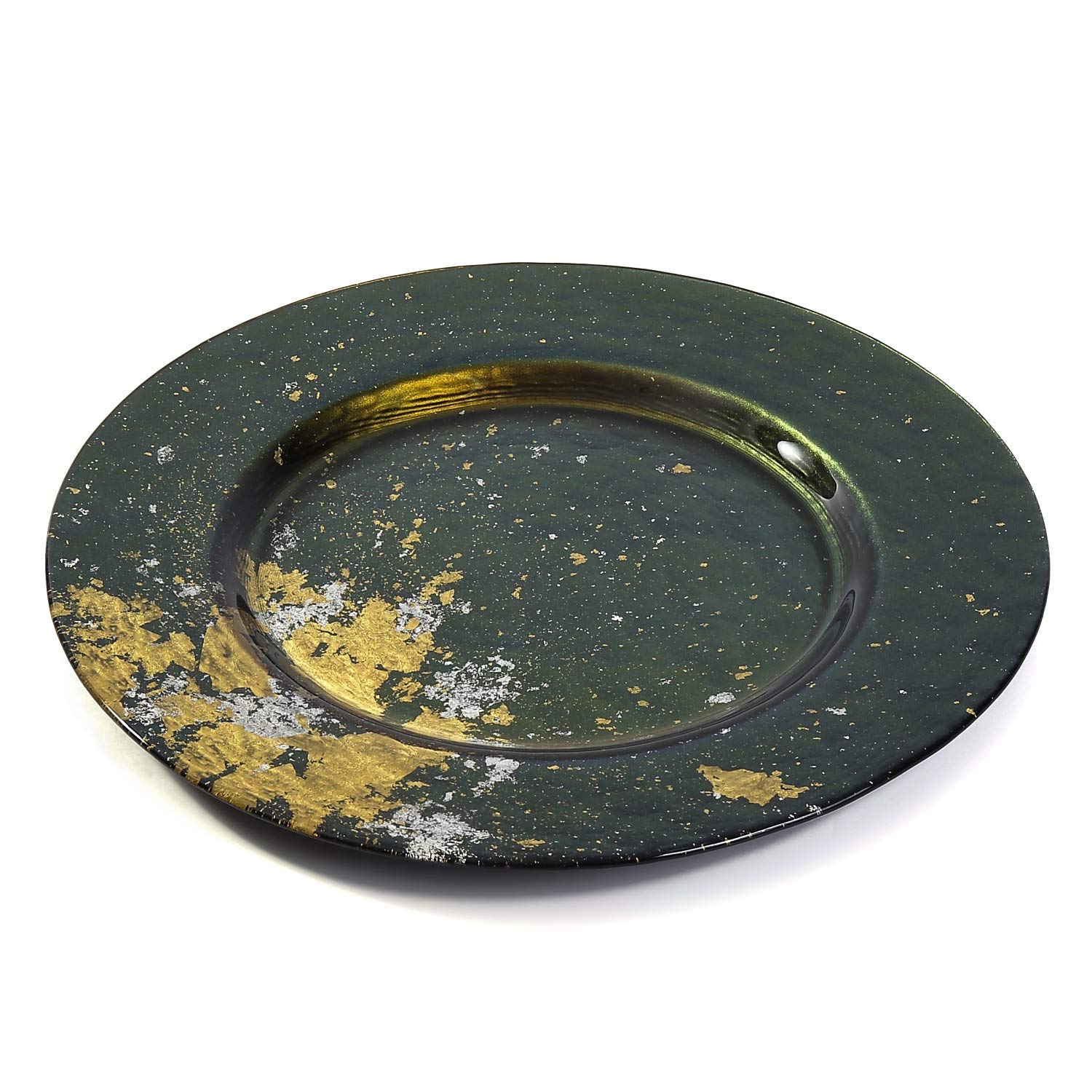 Syosaku Japanese Urushi Glass Dinner Plate F12.5-Inch Majestic Green With Gold Leaf, Dishwasher Safe