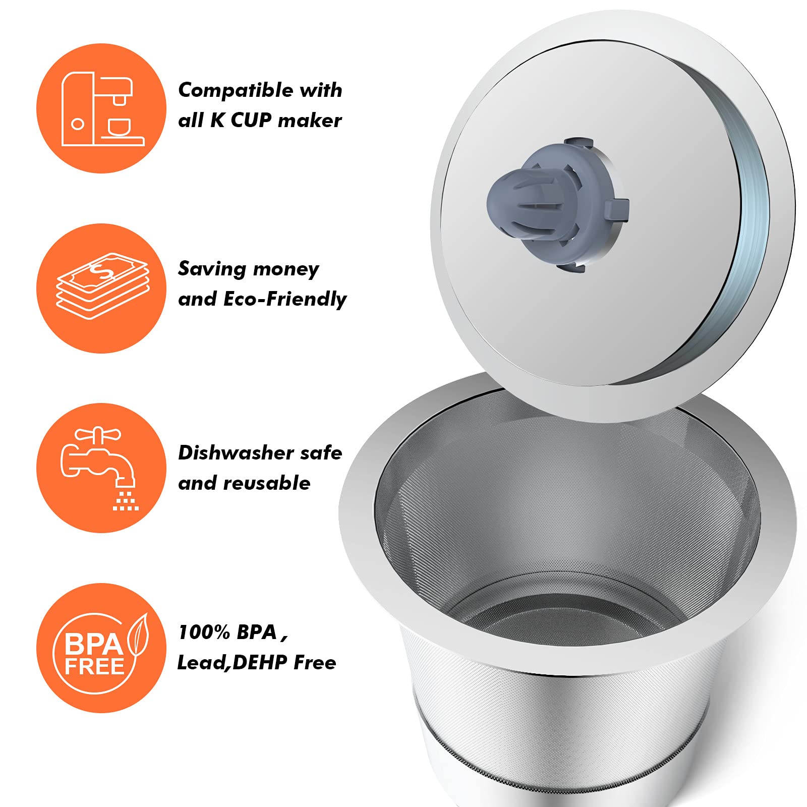 NOALTO Reusable K Cups - Universal Stainless Steel Coffee Pods for Keurig 2.0 & 1.0, 2 Pack, Silver