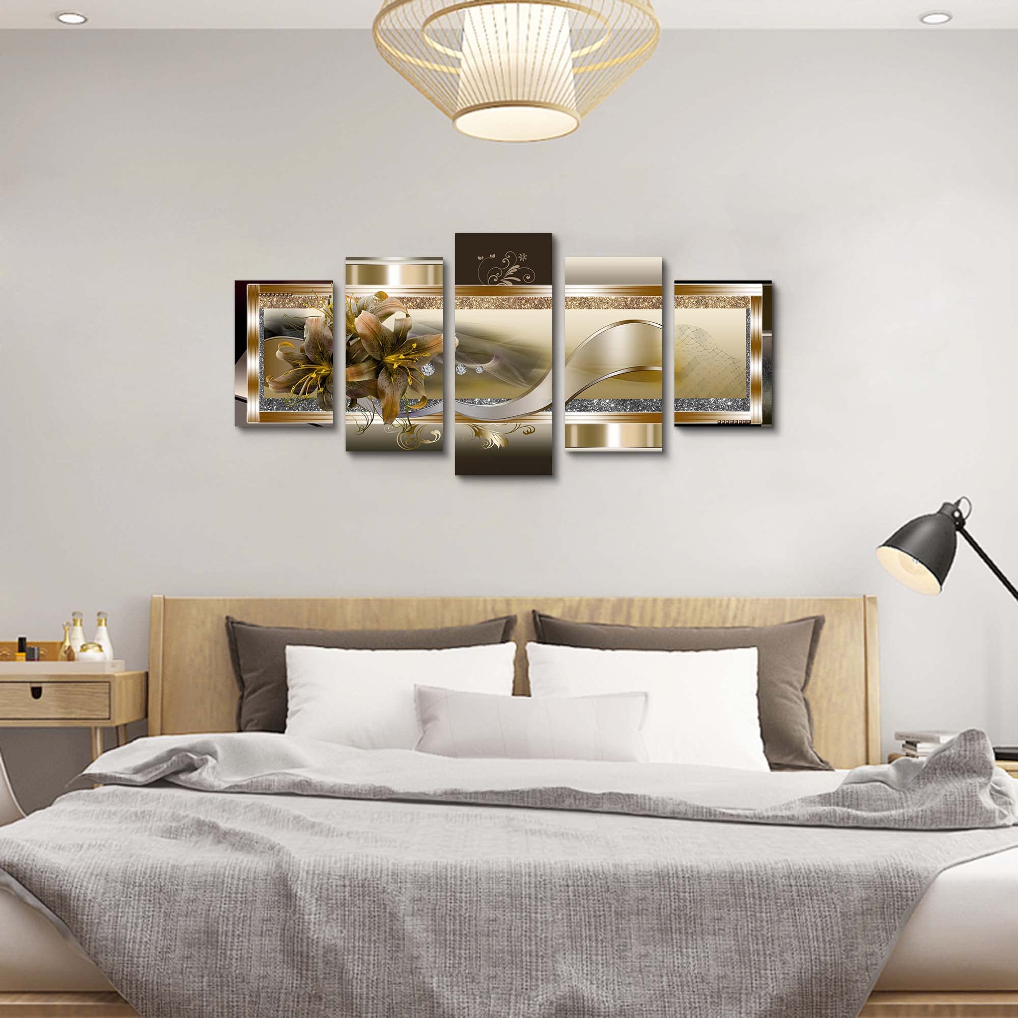 5 Panel Yellow Orchid Flowers Canvas Print - Abstract Golden Floral Wall Decor Poster, 5 Pieces Wall Art Painting Decor For Home