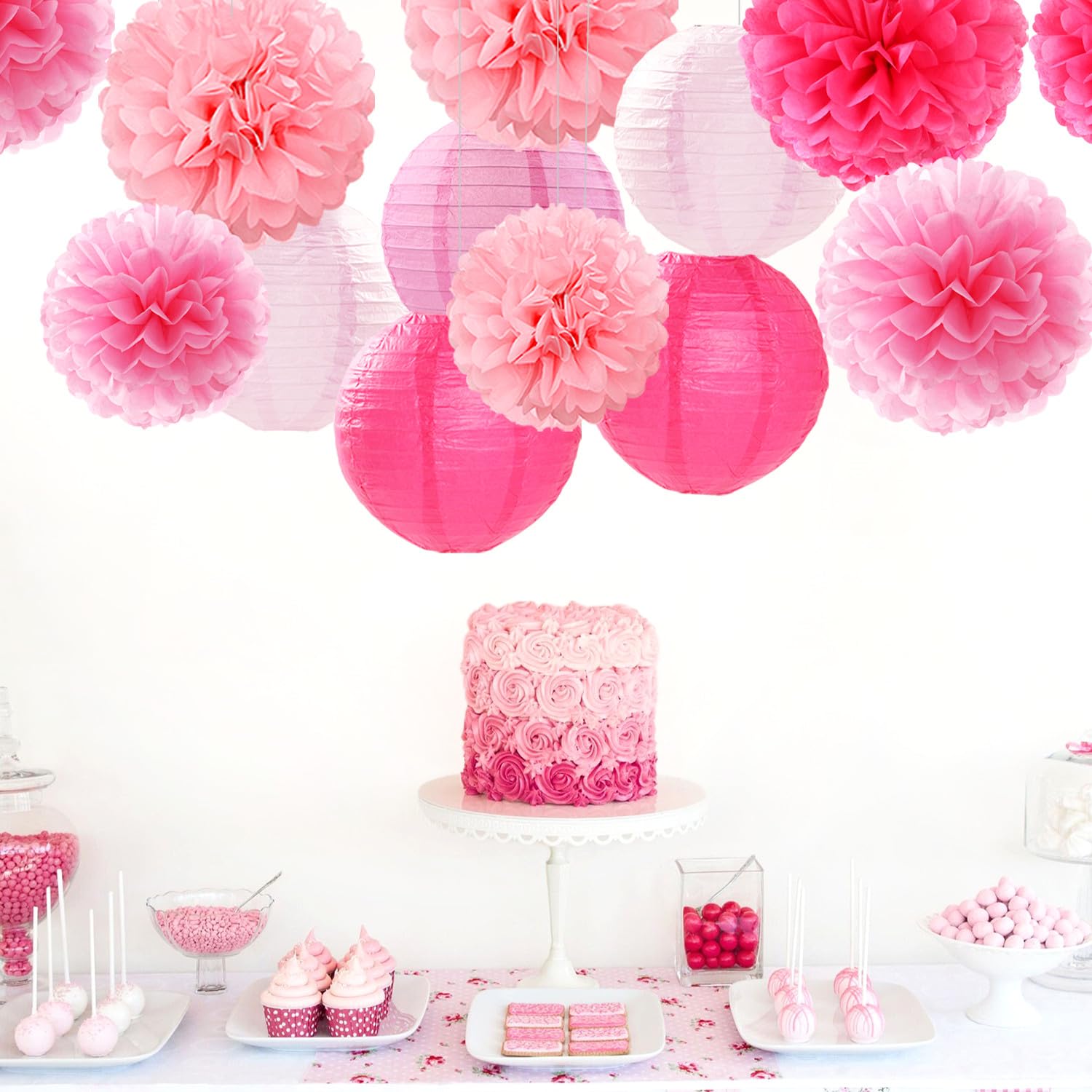 Light-Hot Pink Party-Decorations Paper-Flowers Lanterns- 15Pcs Graduation Girl Birthday Decor Tissue Pom Poms Streamers, Bridal