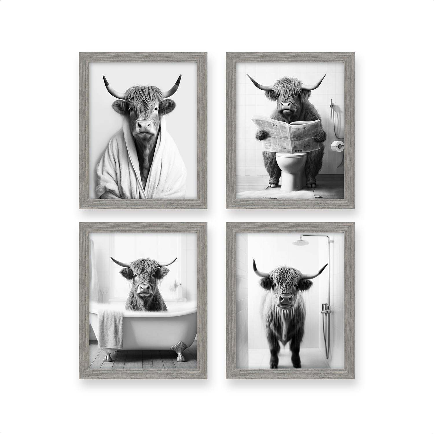 Heilkee Black And White Highland Cow Bathroom Decor Funny Animal Bathroom Wall Art Modern Farmhouse Wall Decor Cattle In Bathtub