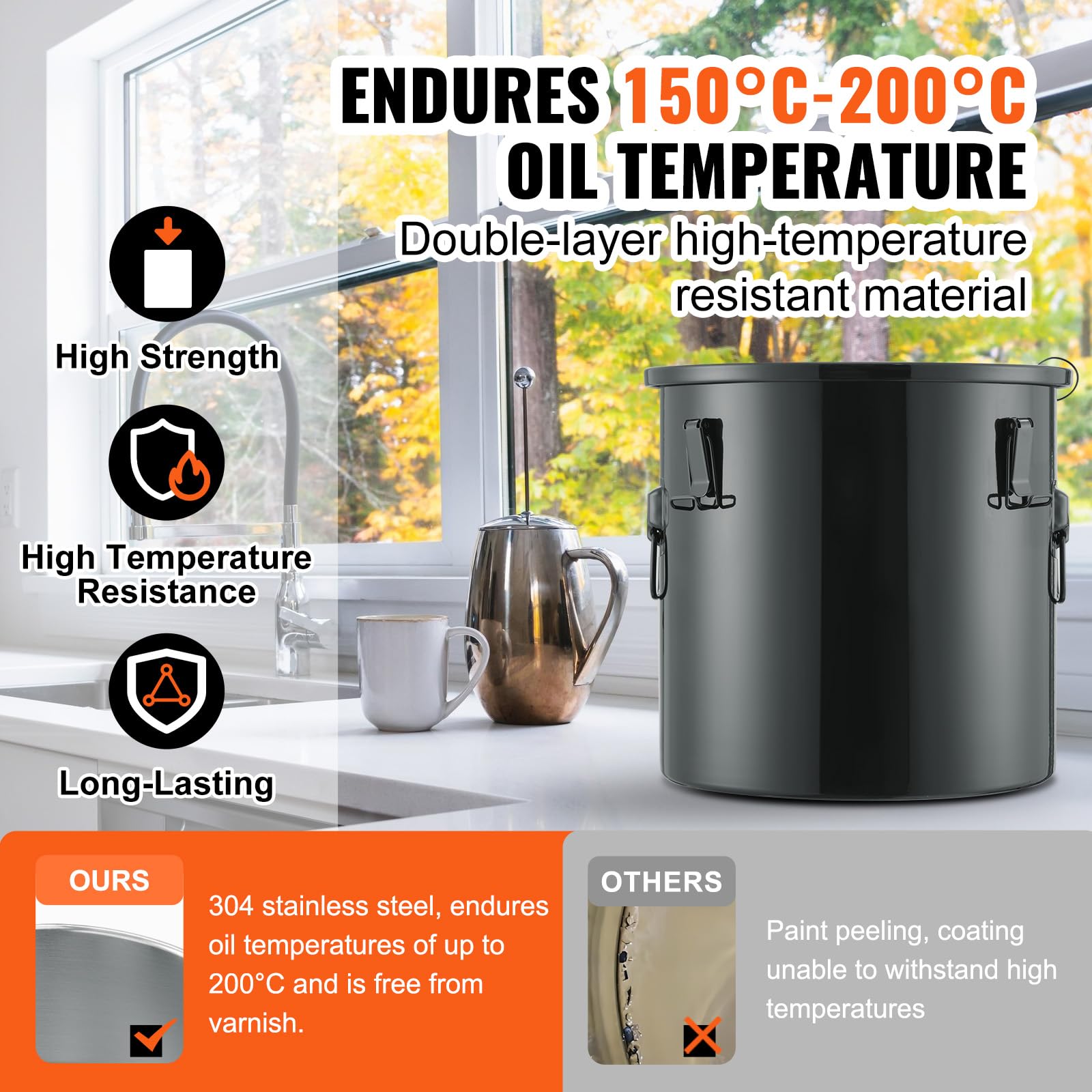 Vevor Fryer Grease Bucket, 10 Gal Oil Disposal Caddy Stainless Steel Fryer Oil Bucket Rust-Proof Coating, Oil Transport Containe