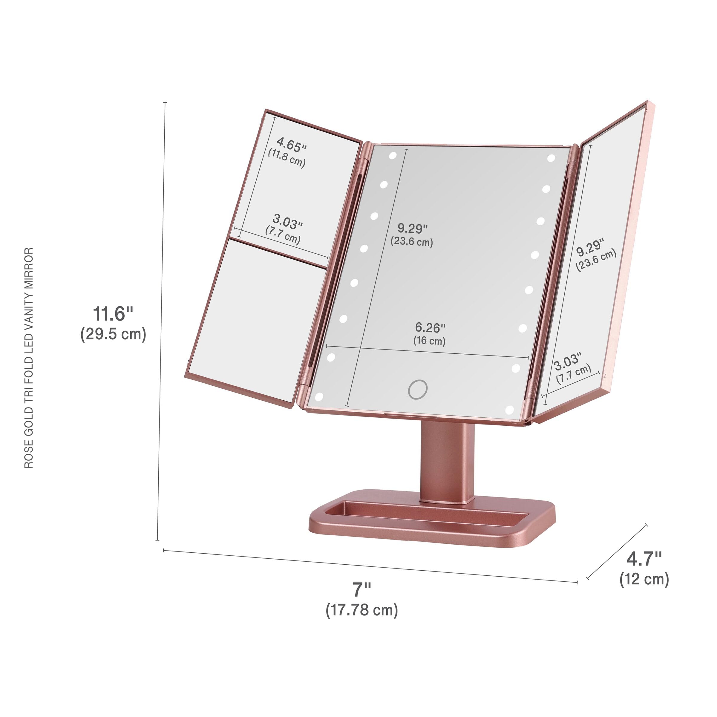 Melannco 7.09X4.69X11.61 Inch Rose Gold Tri Fold Led Vanity Mirror, 3 Magnifications And Dimmable Led Lights