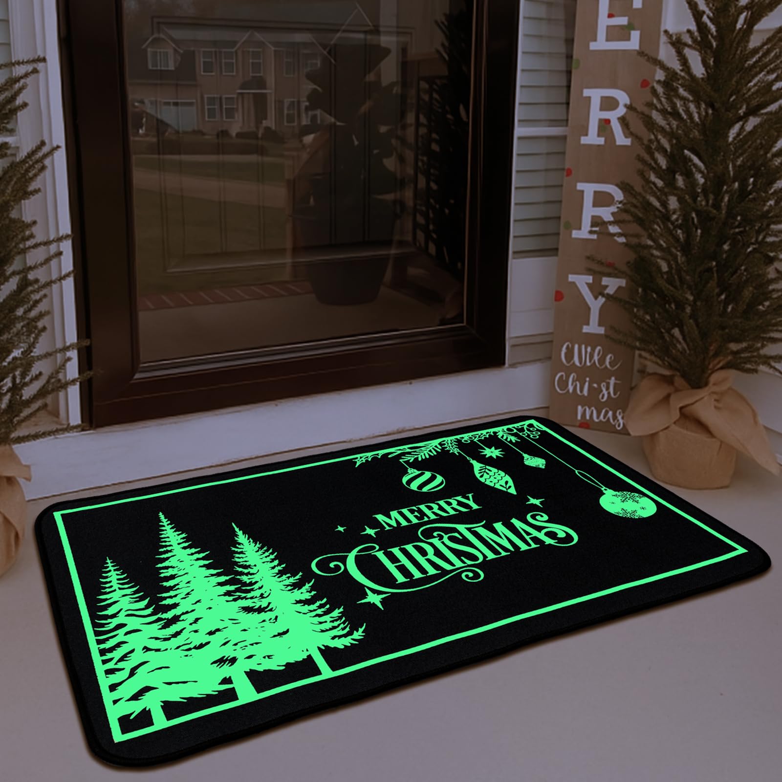 Nuanchu Glow in The Dark Merry Christmas Doormats Entrance Rugs 17x27 Decorative Luminous Kitchen Rugs Light Balls Hanging Xmas 