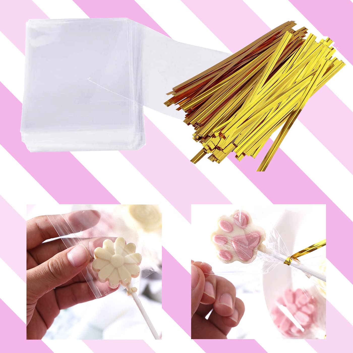Lollipop Cake Pop Treat Bag Kit, Including 100Pcs Cake Pop Sticks, 100Pcs Parcel Bags, 100Pcs Twist Ties And 1 Cake Pop Mold, Ca