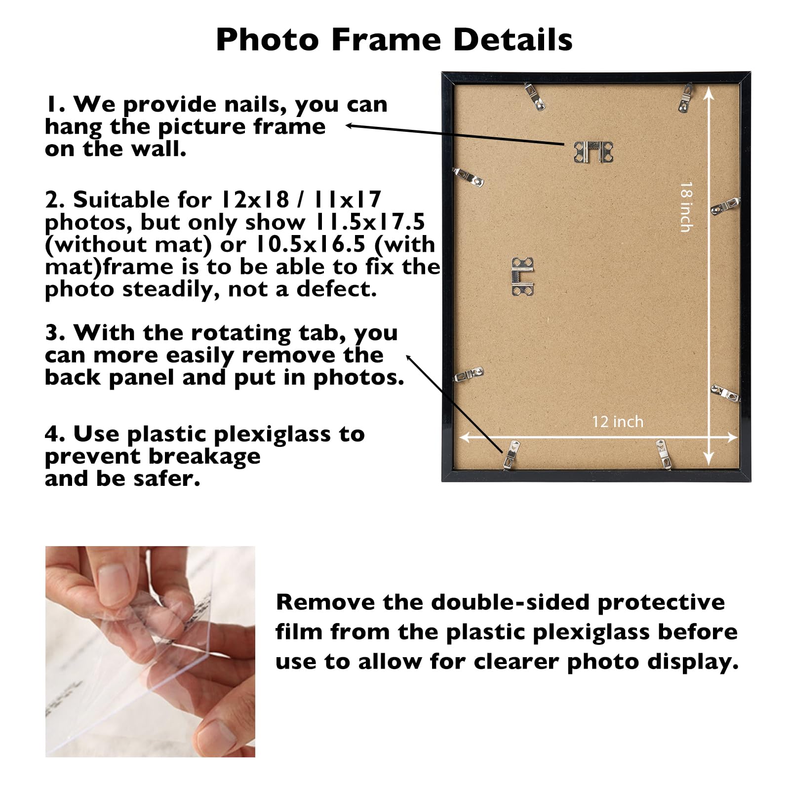 JCJMY 12x18 Picture Frame with 11x17 Mat, Display Photo 11x17 with Mat or 12 x 18 Without Mat, Wall Hanging Large 12 by 18 Poste