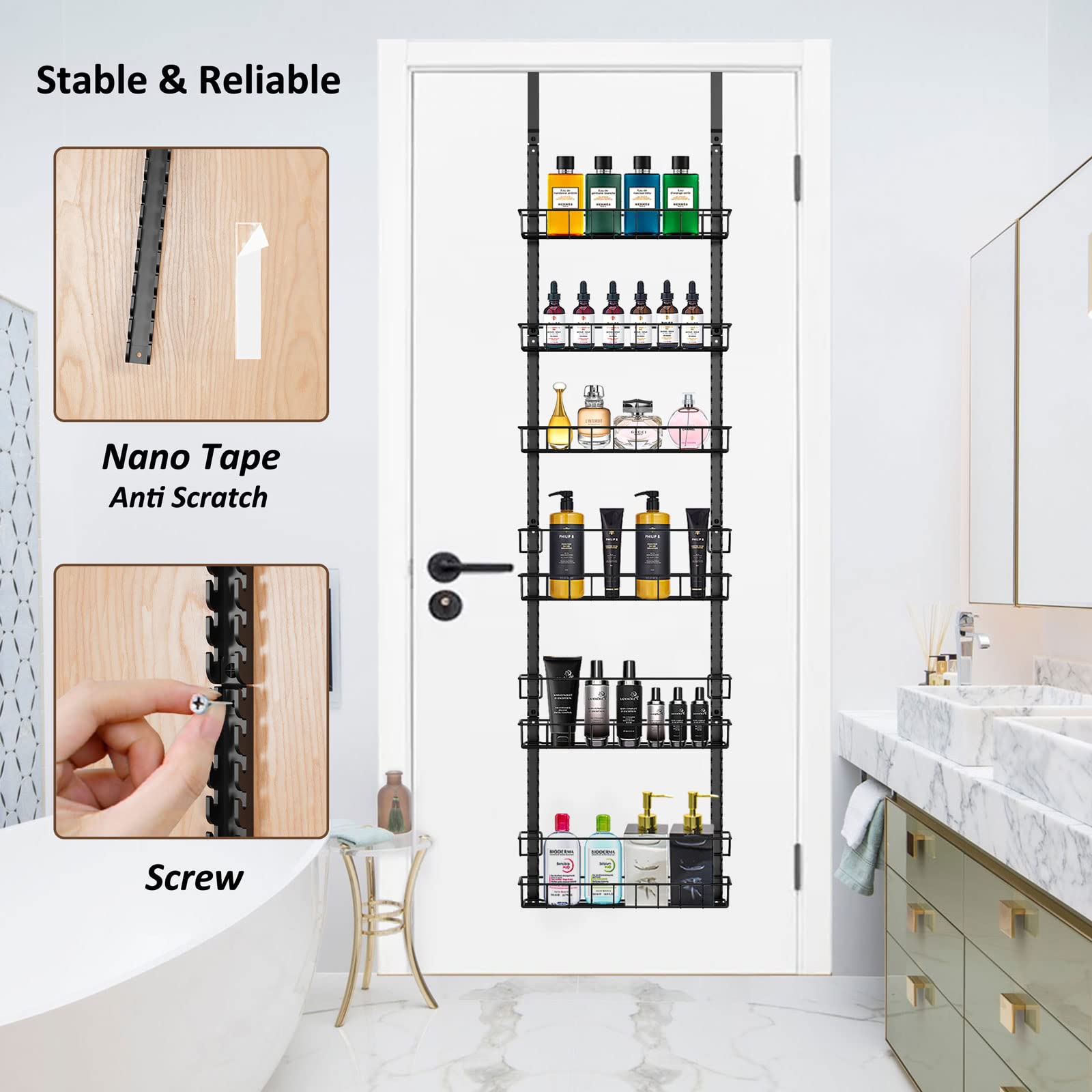 Churboro Over the Door Pantry Organizer Rack with 6 Adjustable Baskets, 6 Tiers Dual-use Spice Rack- Hanging or Wall Mount Spice