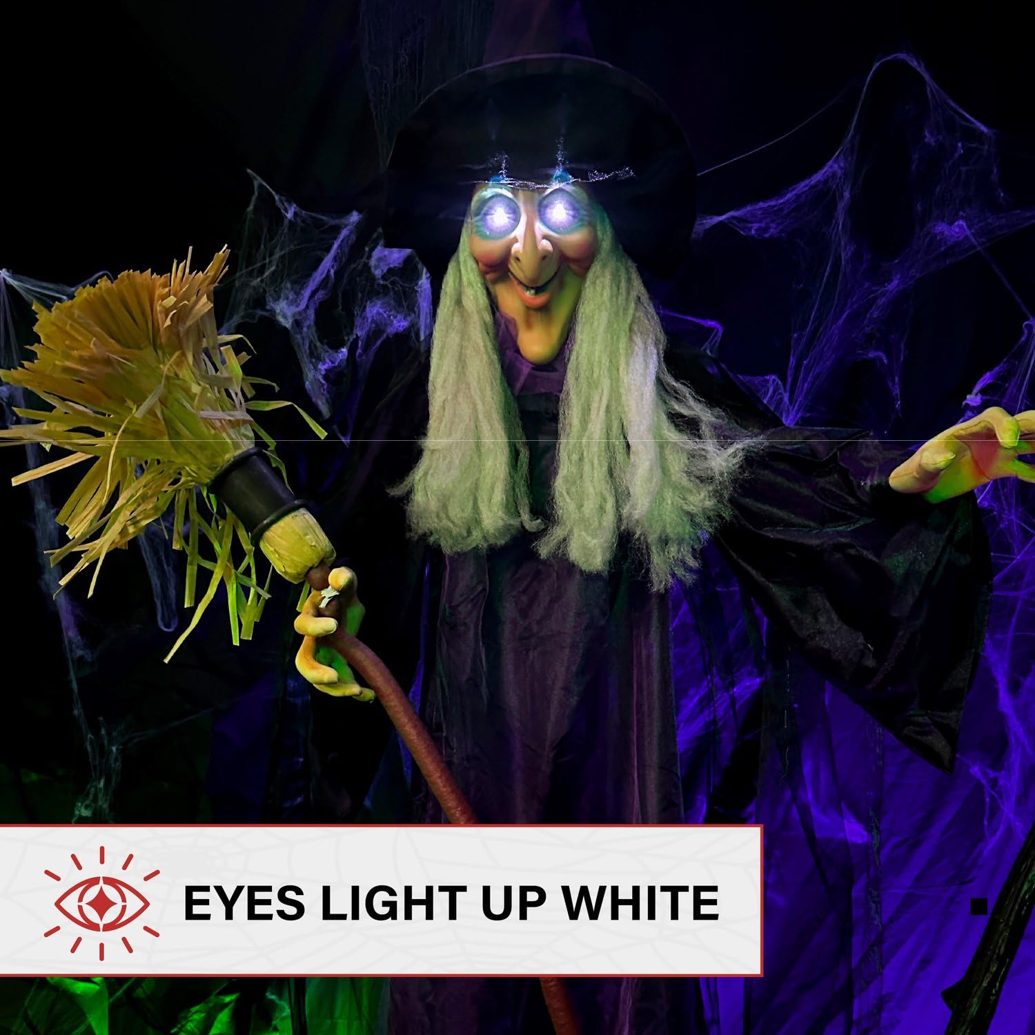 Haunted Hill Farm Life-Size Scary Talking Witch with Broomstick, Halloween Animatronic with Touch Activated Lights and Sound, Ba