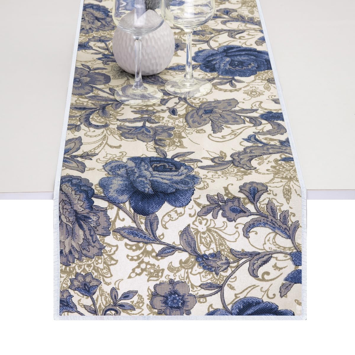 Mookaitedecor Cotton Table Runner, Blue Flower Table Runners For Dinner Parties, Weddings, Decor & Everyday Use, 12 X 52 Inch