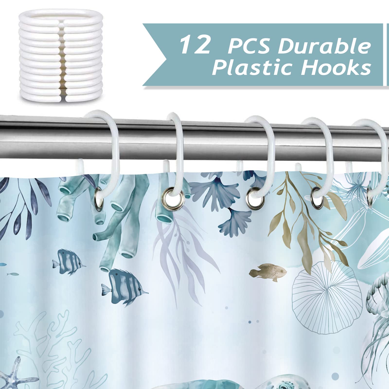 Bonhause Sea Turtle Shower Curtain For Bathroom Teal Blue Ocean Beach Coastal Decorative Bath Curtain 72 X 84 Inch Polyester Fab