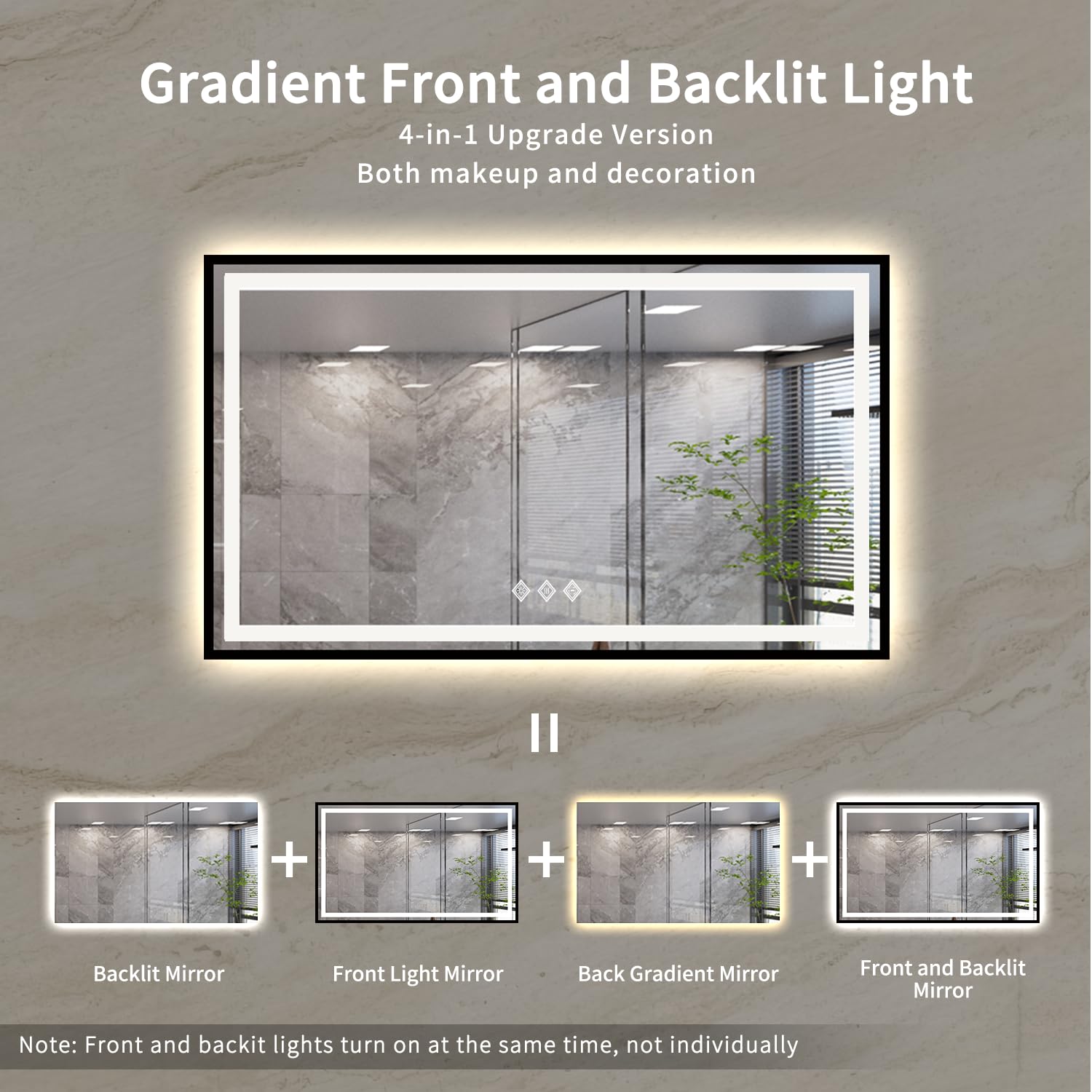 Vanpokins Led Mirror, 60X36 Inch Black Framed Gradient Front And Backlit Bathroom Mirror Black Frame, 3 Colors Dimmable Cri>90,