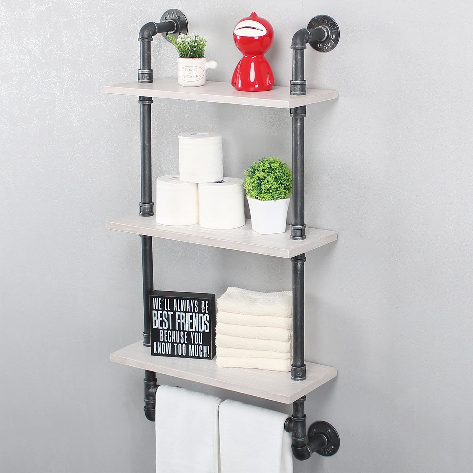 MBQQ Industrial Pipe Shelf Bathroom Shelves Wall Mounted 19.6in Rustic Wood Shelf with Towel Bar 3 Tier Farmhouse Towel Rack Over Toilet Pipe Shelving Floating Shelves Towel Holder Retro White