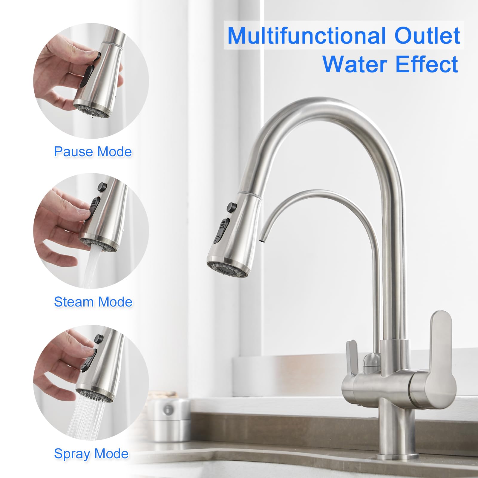 MENATT Filter Kitchen Faucet with Drinking Water Faucet  High Arc Pull Down 3-Way Kitchen Faucet  3 in 1 Sink Cold and Hot Mixer Tap (Brushed Nickel)
