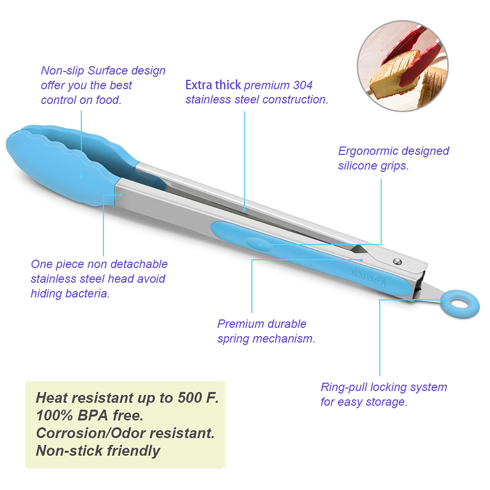 4 Pack Blue Kitchen Tongs, Premium Silicone Bpa Free Non-Stick Stainless Steel Bbq Cooking Grilling Locking Food Tongs, 9-Inch &