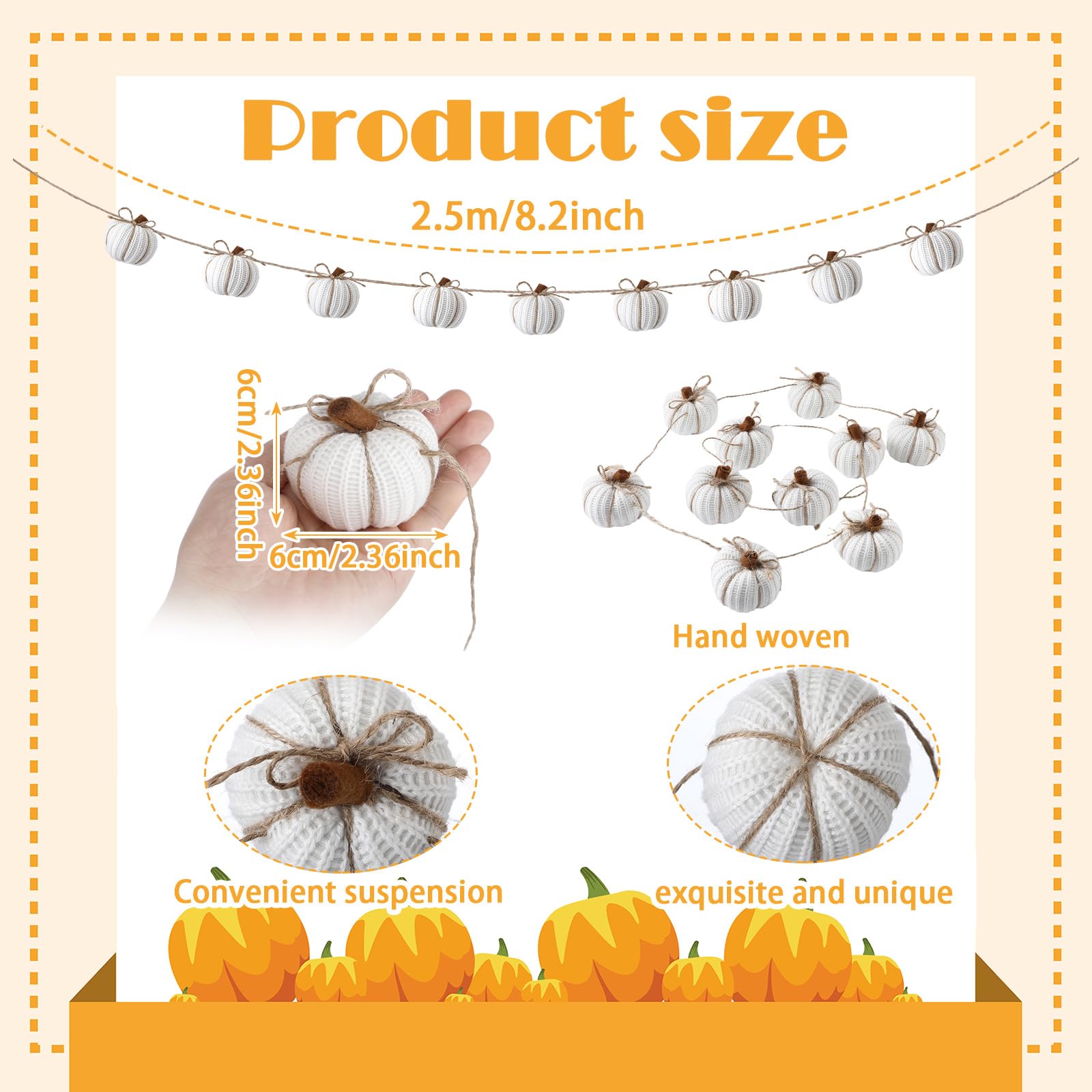 Mindsoft 8.2 ft Fall White Knit Pumpkin Garland Decor Halloween Faux Fall Harvest Crochet Pumpkins Banner Pre Assembled Hanging