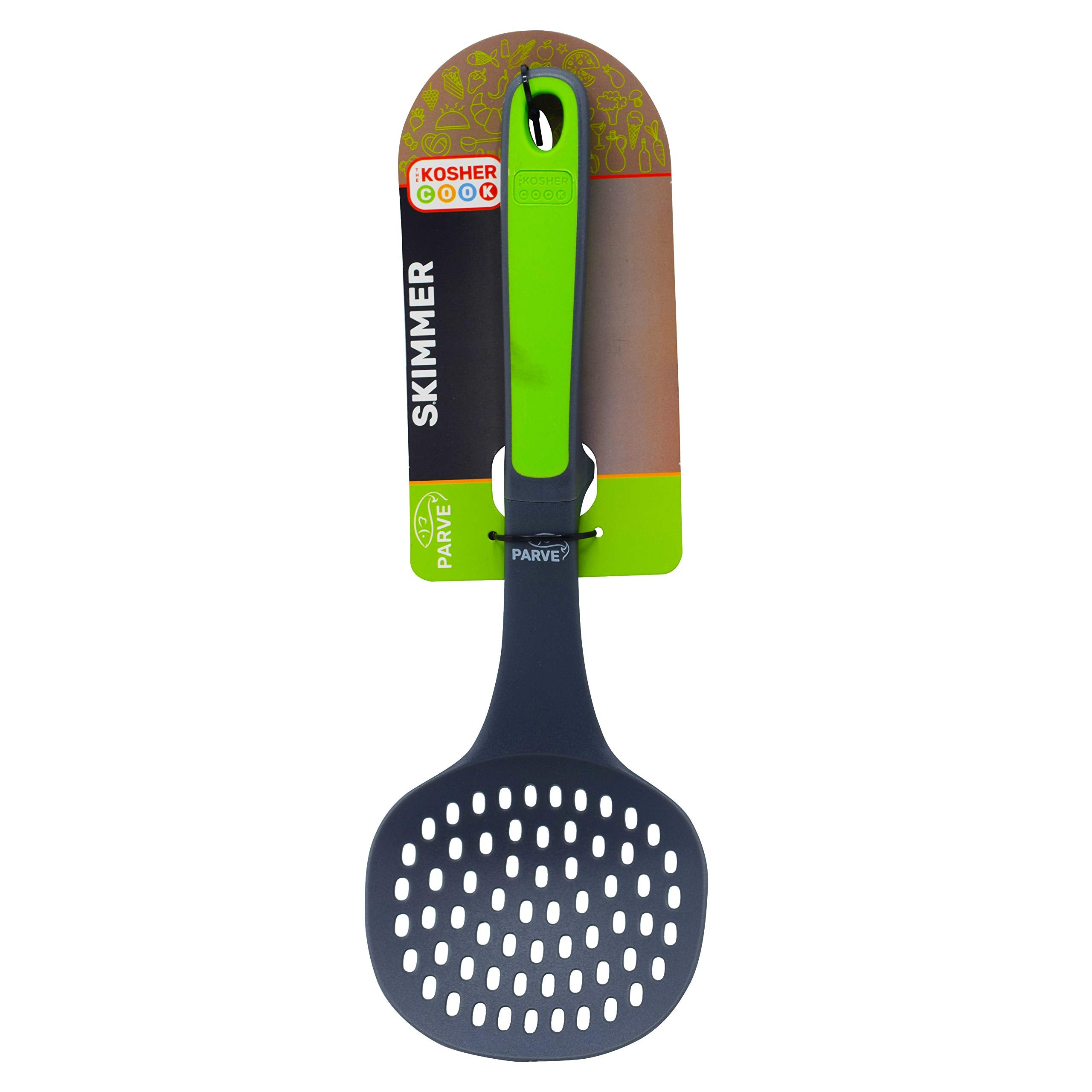 Parve Green Slotted Skimmer Spoon - Non Stick Silicone - Strainer For Soups, Stews, Gravy And Hot And Cold Foods - Comfortable H