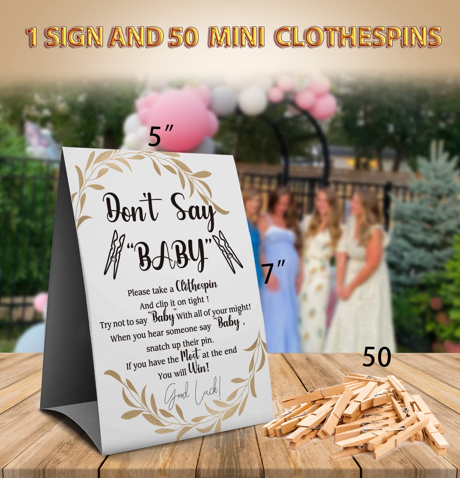 Muruseni Don'T Say Baby Clothespin Games Sign(1 Sign + 50 Mini Clothespins), Baby Shower Games, Golden Leaf,Gender Neutral Baby